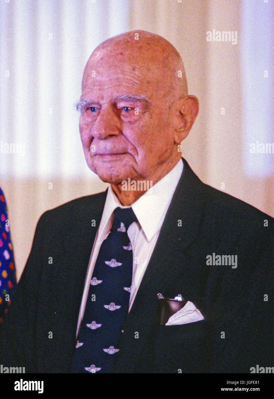 United States Air Force General Jimmy Doolittle is pictured during the ceremony where he is awarded the Presidential Medal of Freedom, the highest civilian award of the US, by US President George H.W. Bush and first lady Barbara Bush in the East Room of the White House in Washington, DC on July 6, 1989.  Doolittle was known for his development of instrument flying and for leading a 1942 air raid on Tokyo, Japan, for which he received the Medal of Honor. Credit: Ron Sachs / CNP /MediaPunch Stock Photo