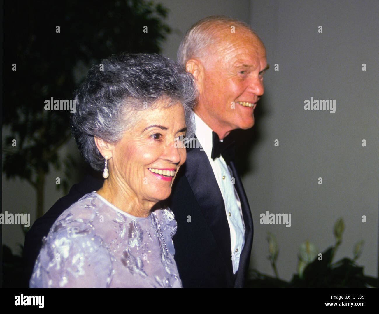 United States Senator John H. Glenn, Jr. (Democrat of Ohio) and his wife, Annie, arrive at the State Dinner in honor of Prime Minister Benazir Bhutto of Pakistan on June 6, 1989..Credit: Ron Sachs / CNP /MediaPunch Stock Photo