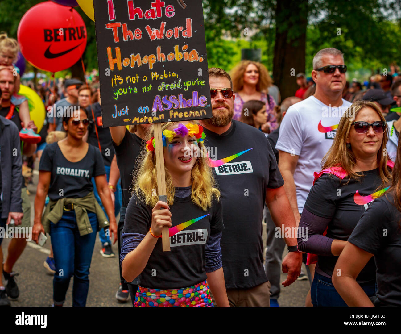 Portland Oregon USA June 18 2017 Nike in Portland s 2017 Pride Parade which reflects the community diversity Stock Photo Alamy