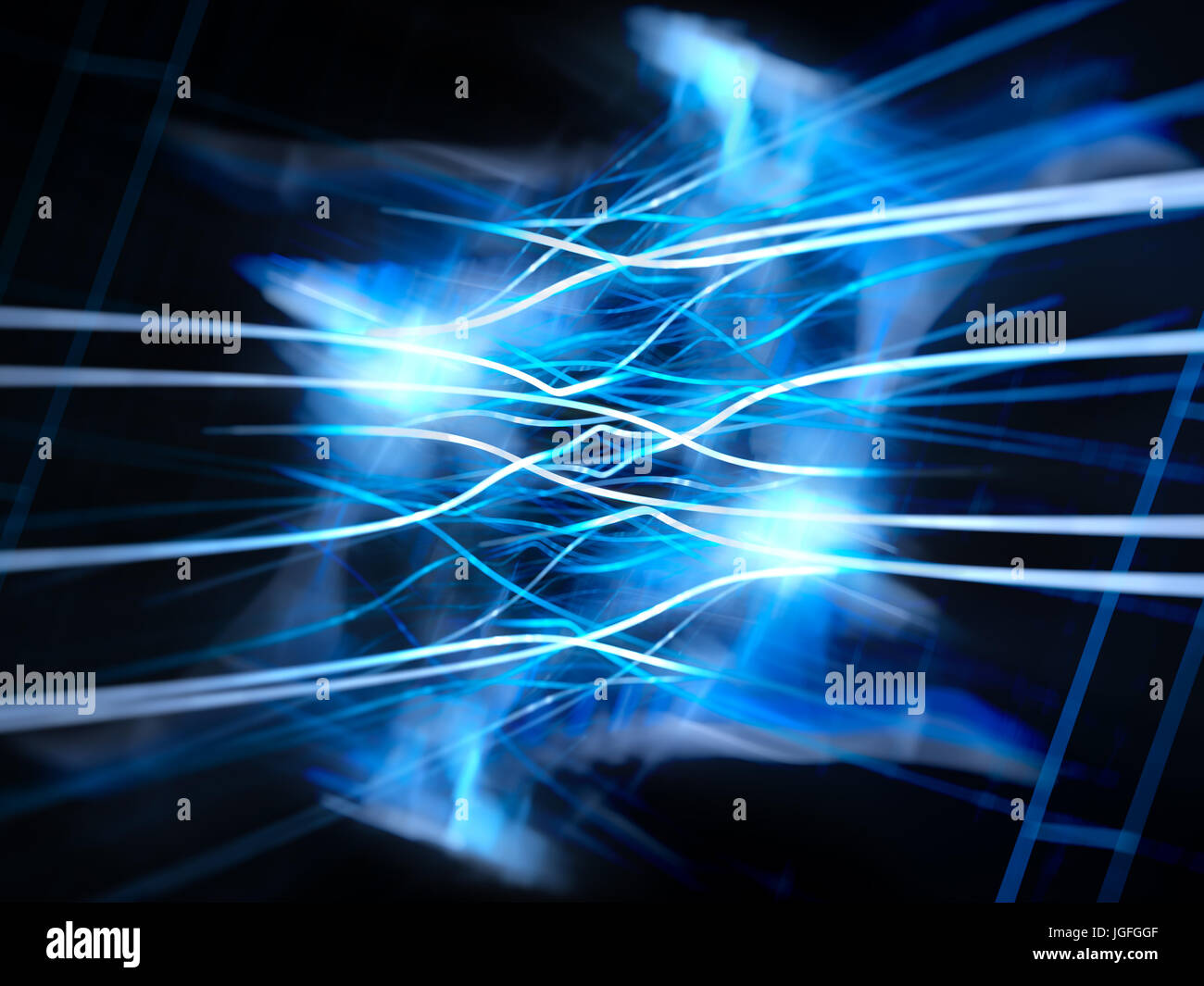 Blue glowing connected fiber optic curves, new innovated technology, computer generated abstract background. 3D rendering Stock Photo