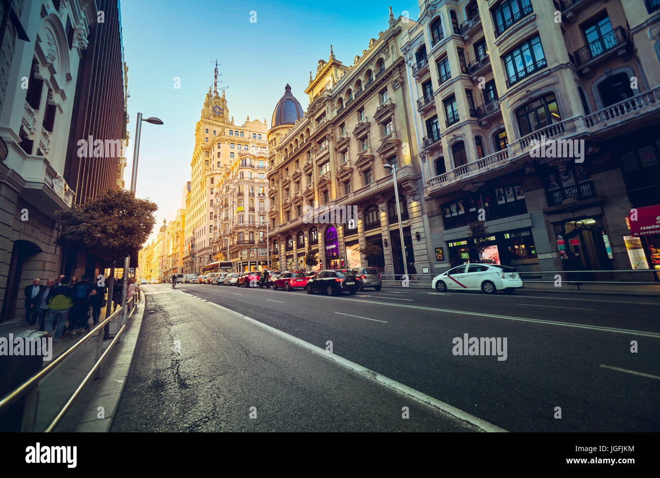 View of Gran V’a Street at golden hour. Madrid. Spain Stock Photo