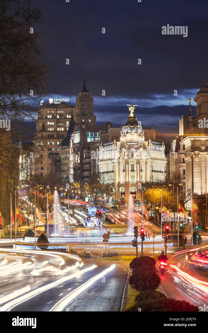 Calle de Alcala and Cibeles Fountain by sunset. Madrid, Spain Stock Photo