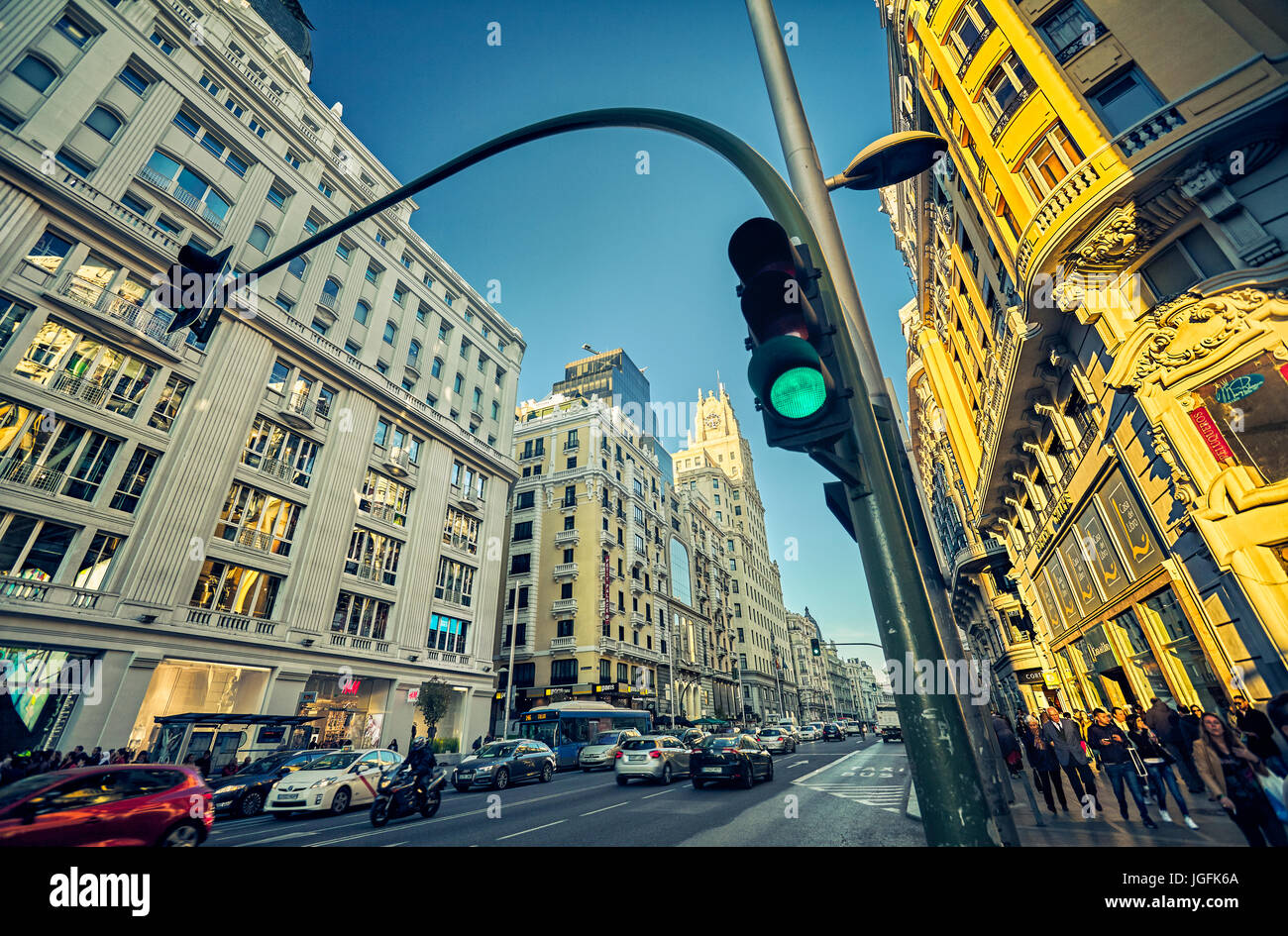 Gran Via street at magic hour. Madrid, Spain. Stock Photo