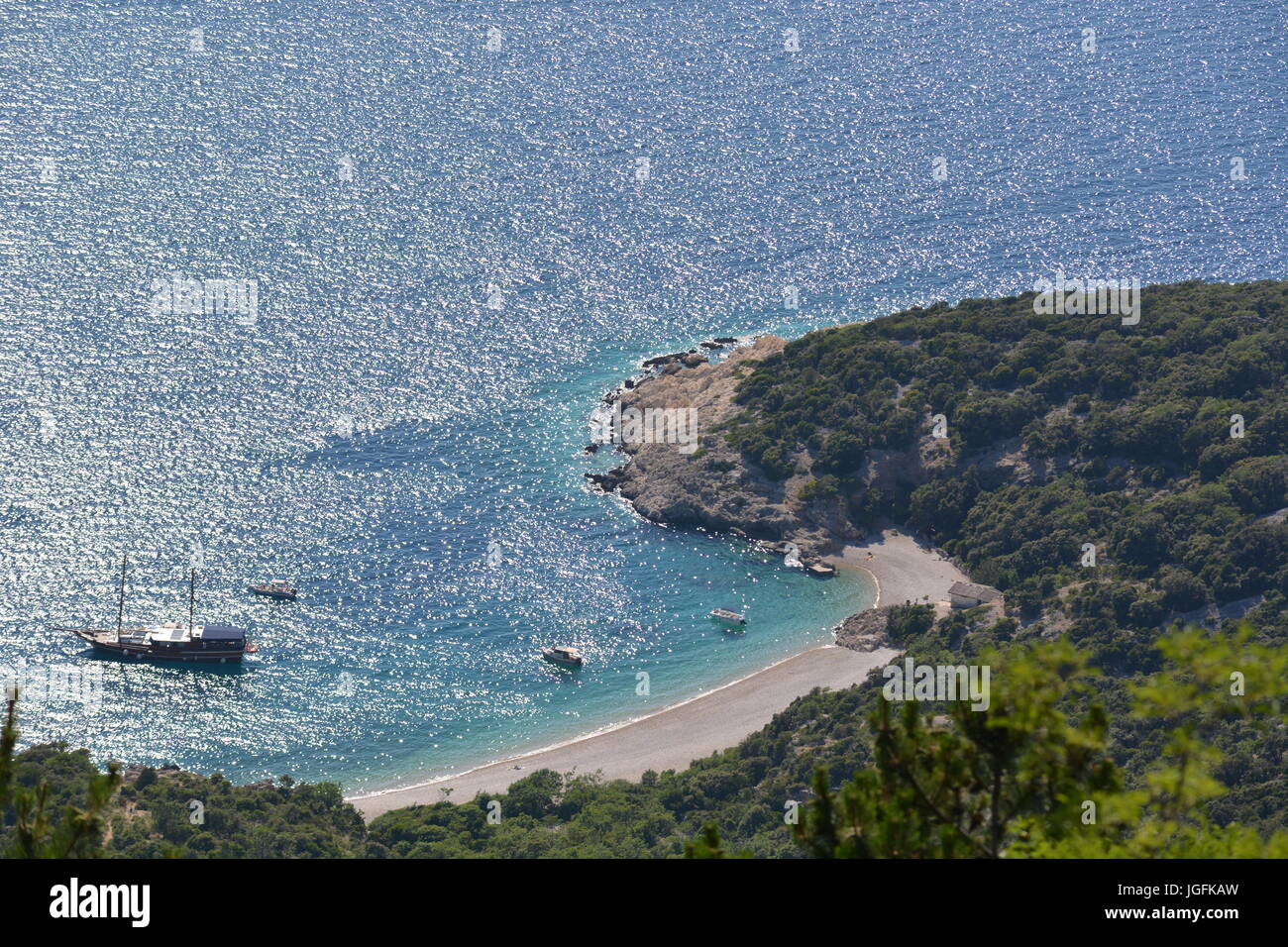 Lubenice, Croatia - June 19, 2017 - Beach Sveti Ivan with boats and blue sky Stock Photo