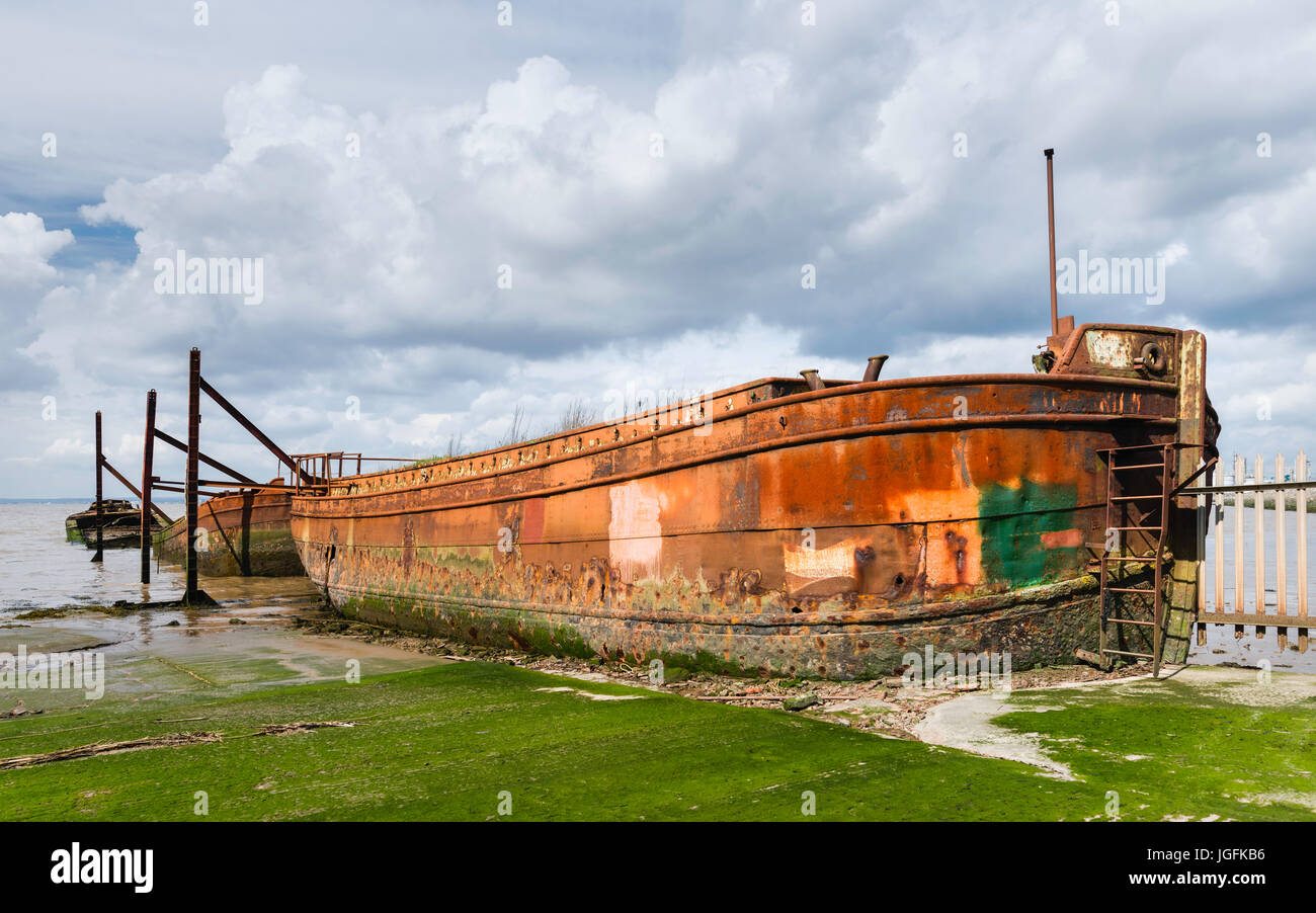 UK. Row of obsolete, rusting ships beached along the Humber estuary in a disused ship yard in Paull, Yorkshire, UK. Stock Photo