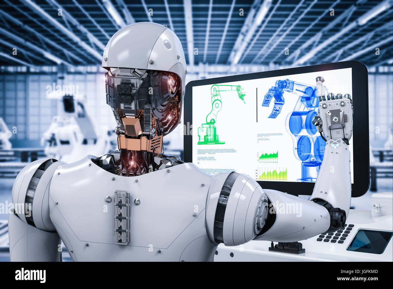 3d rendering robot working with monitor in factory Stock Photo