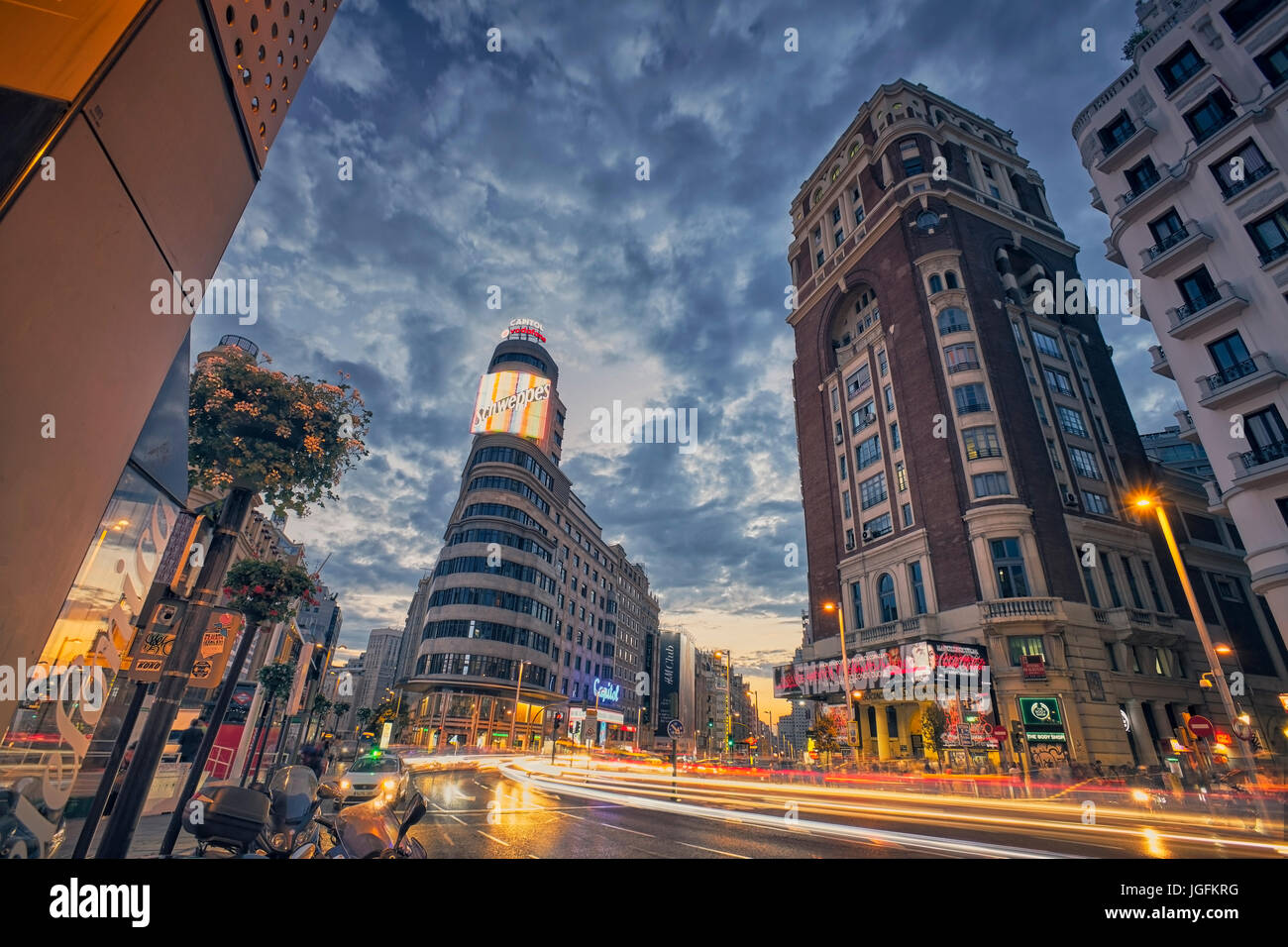 Callao square and Gran Via street at twilight. Madrid, Spain. Stock Photo