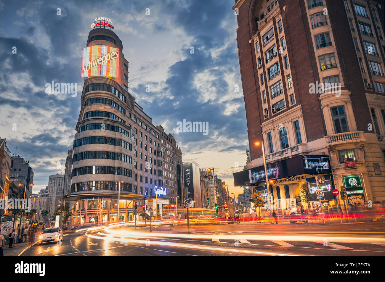 Callao square and Gran Via street at twilight. Madrid, Spain. Stock Photo