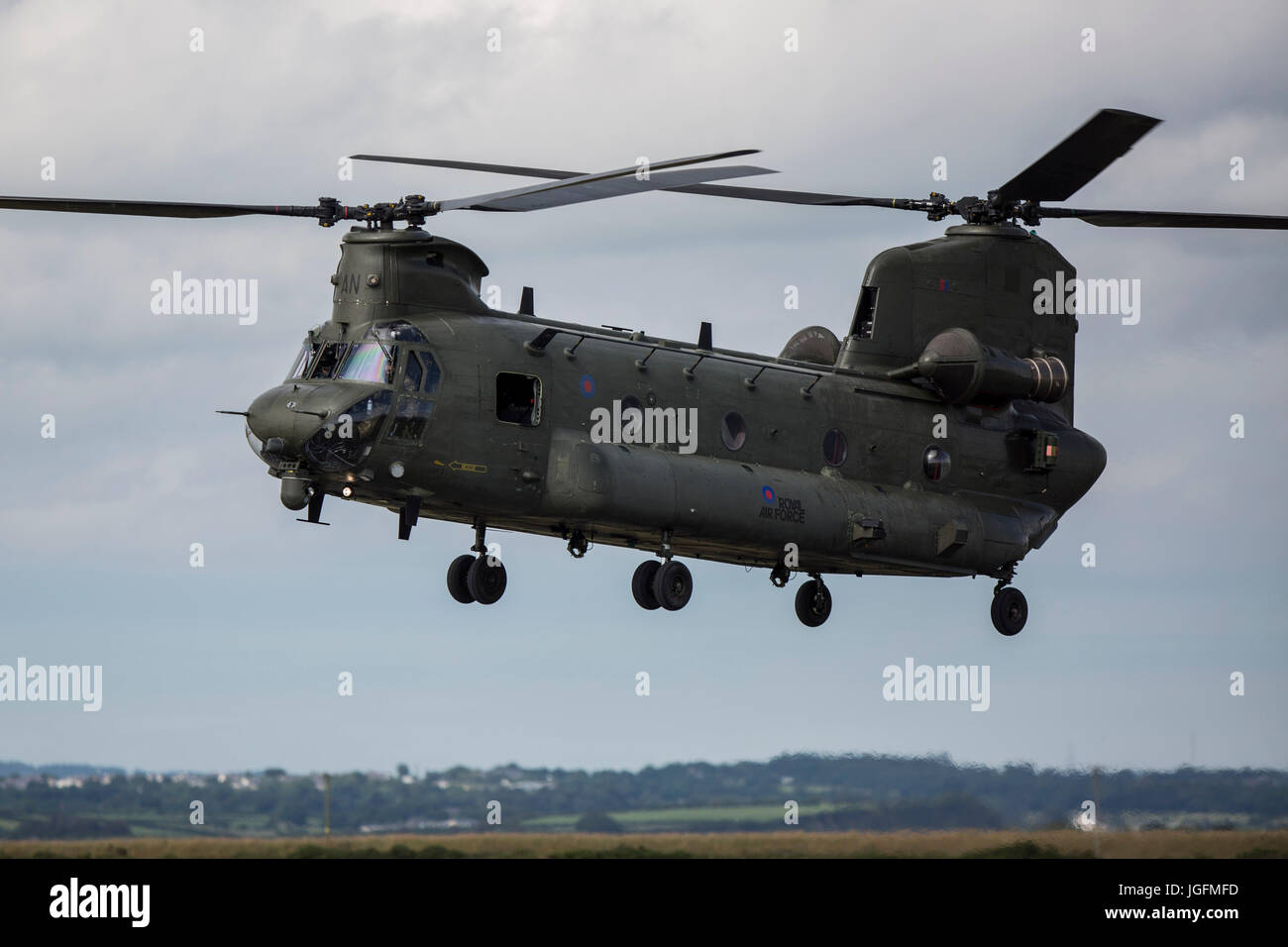 A Boeing Chinook helicopter of the Royal Air Force at Caernarfon Airport, Caernarfon, Wales, UK. July 3rd 2017. Stock Photo