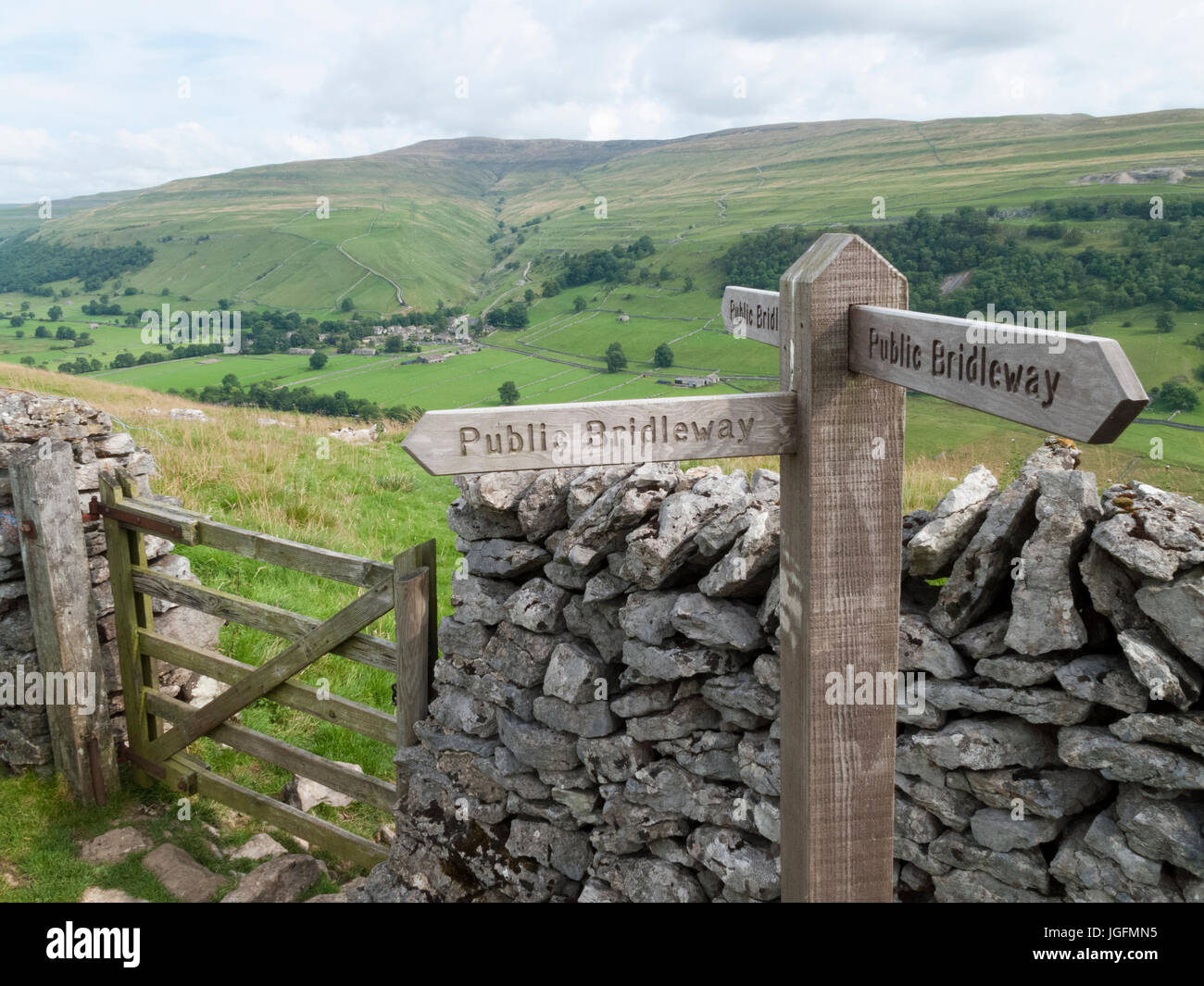View of Starbotton in Upper Wharfedale with public bridleway sign, Yorkshire Dales National Park Stock Photo