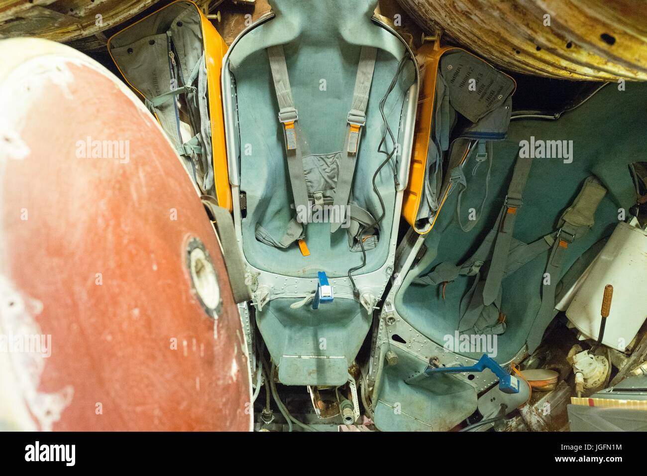 Interior of a Russian Soyuz space capsule, with astronaut seats, hatch and  controls visible, June 15, 2017 Stock Photo - Alamy
