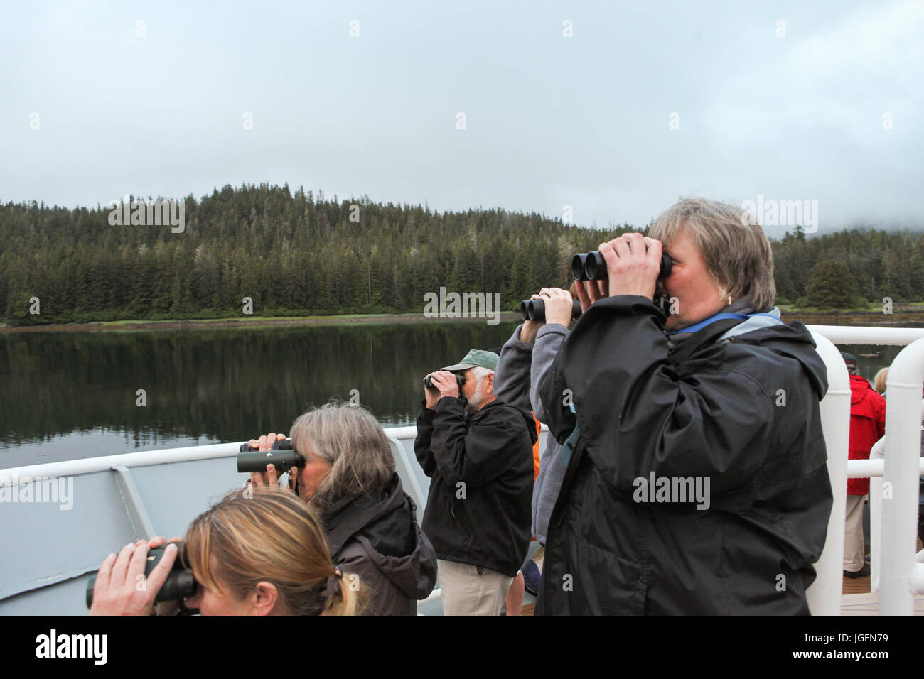 During an expedition on a cruise ship, passengers use binoculars to scan the landscape. Stock Photo