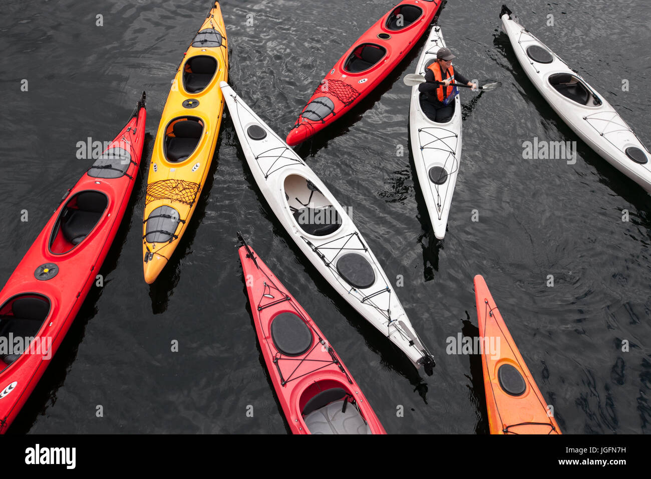 A kayaker maneuvers a kayak among many other colorful kayaks. Stock Photo