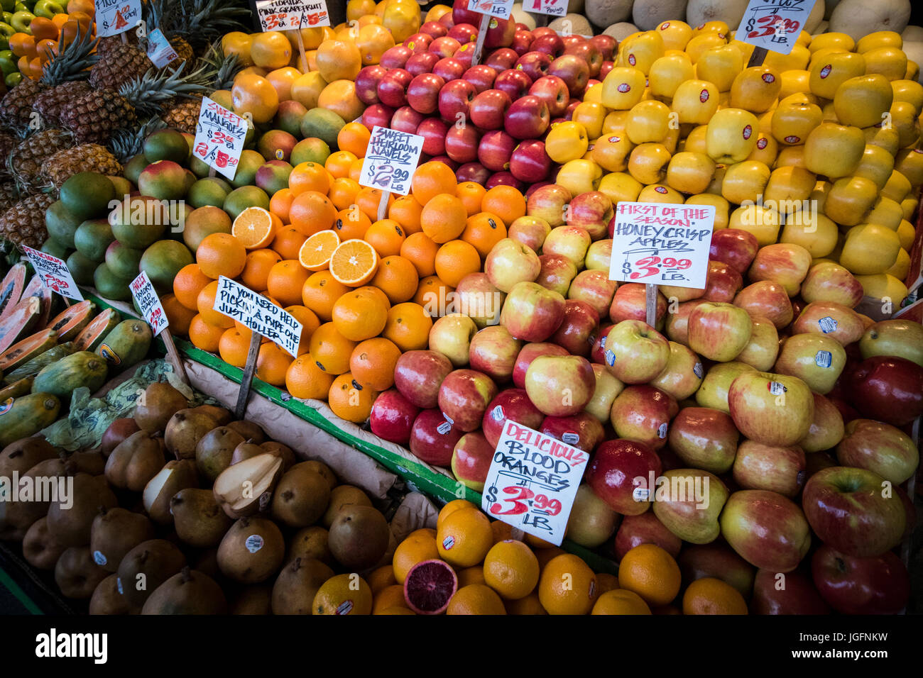 Fresh fruit on display at Pikes Place Market, in Seattle, WA Stock Photo