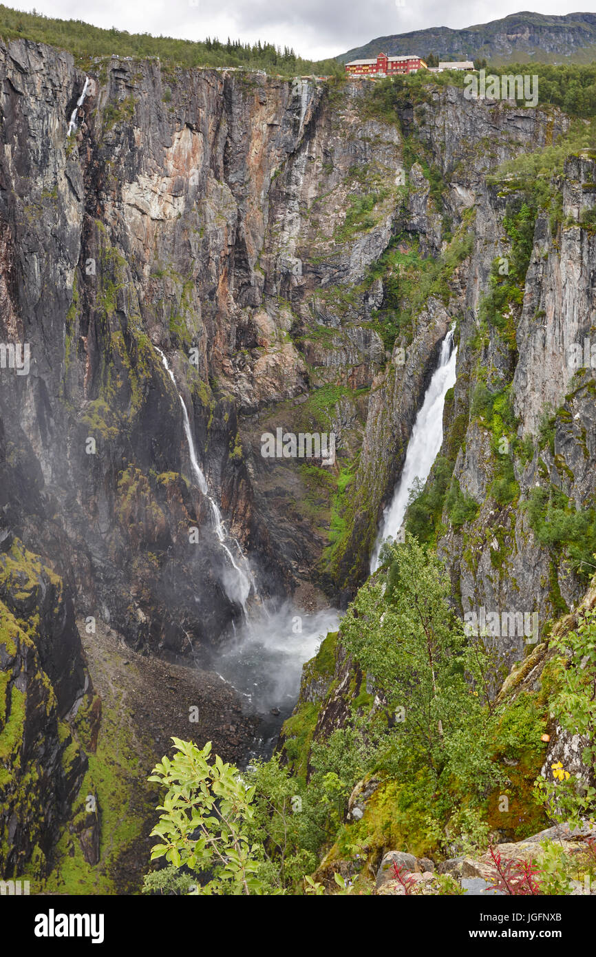Voringsfossen waterfall in Norway. Norwegian outdoor highlight attraction. Vertical Stock Photo