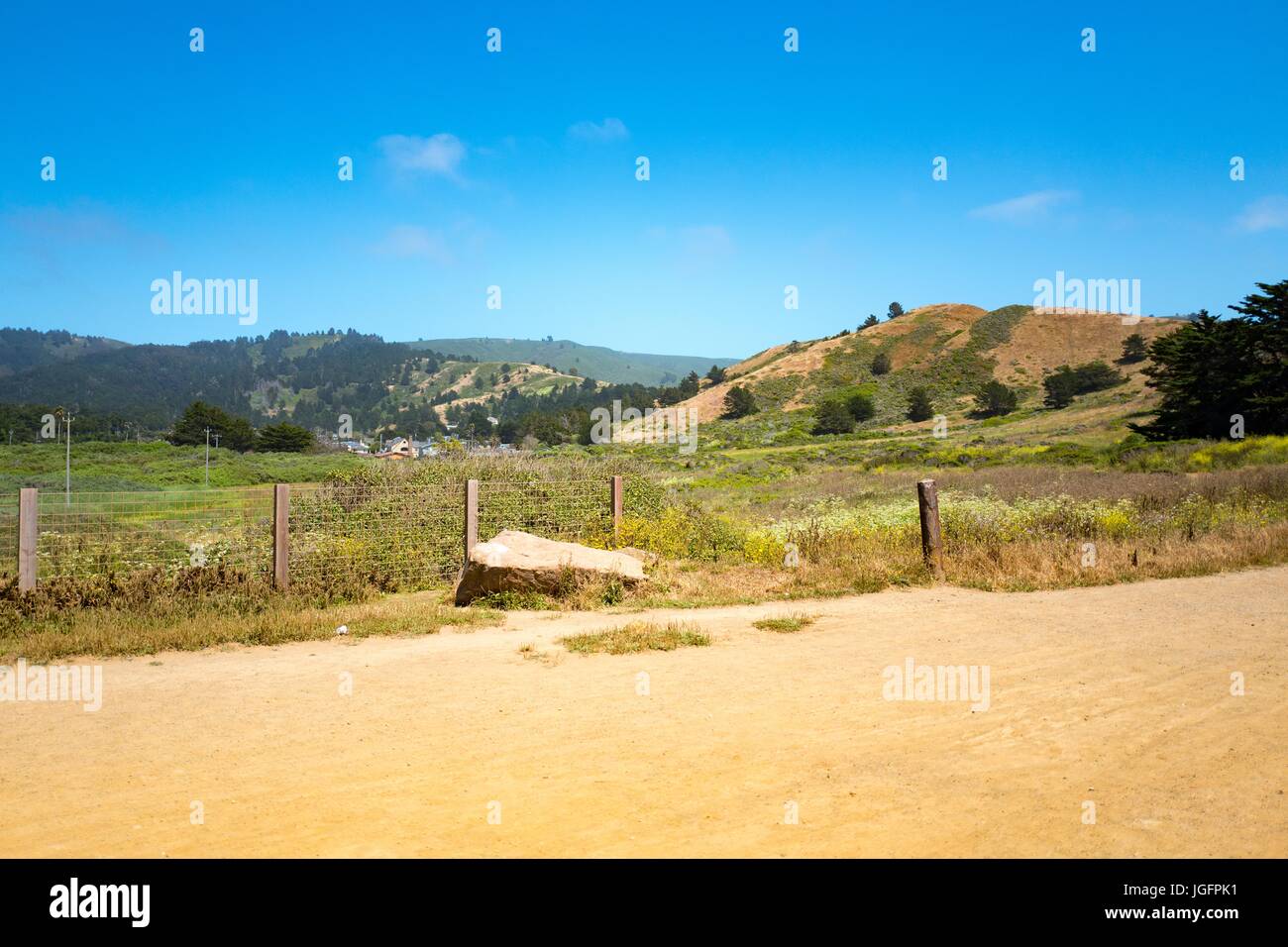 Old Mori Trail at Mori Point, part of the Golden Gate National Recreation area, in Pacifica, California, June 20, 2017. Stock Photo