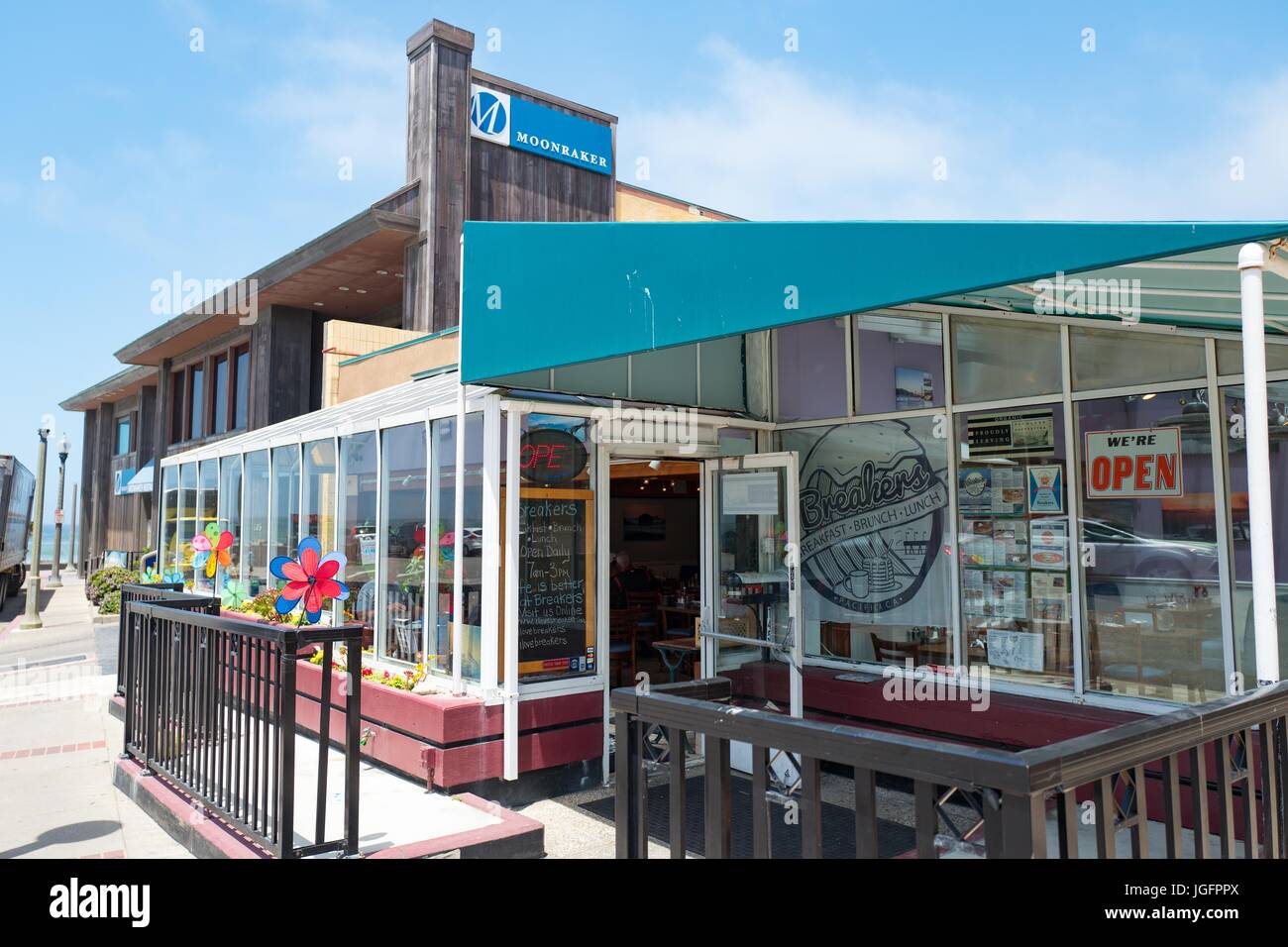 Breakers restaurant, a popular diner, and Moonraker Restaurant, a popular fine dining establishment, on Rockaway Beach Avenue in Pacifica, California, June 20, 2017. Stock Photo