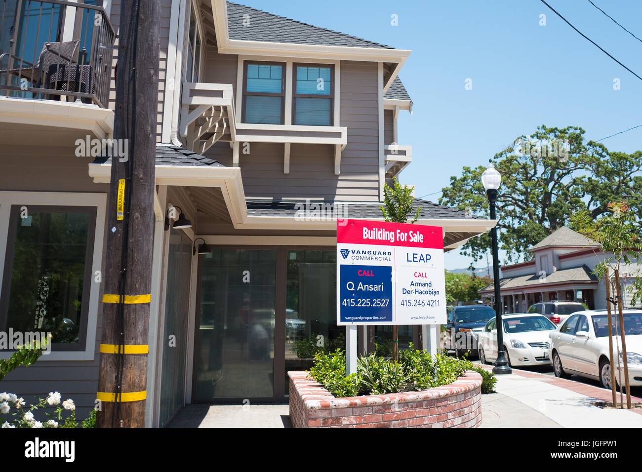 A commercial building is listed for sale in Danville, California, a suburb in the San Francisco Bay Area, June 21, 2017. Bay area real estate, including commercial real estate, is among the most expensive in the world. Stock Photo