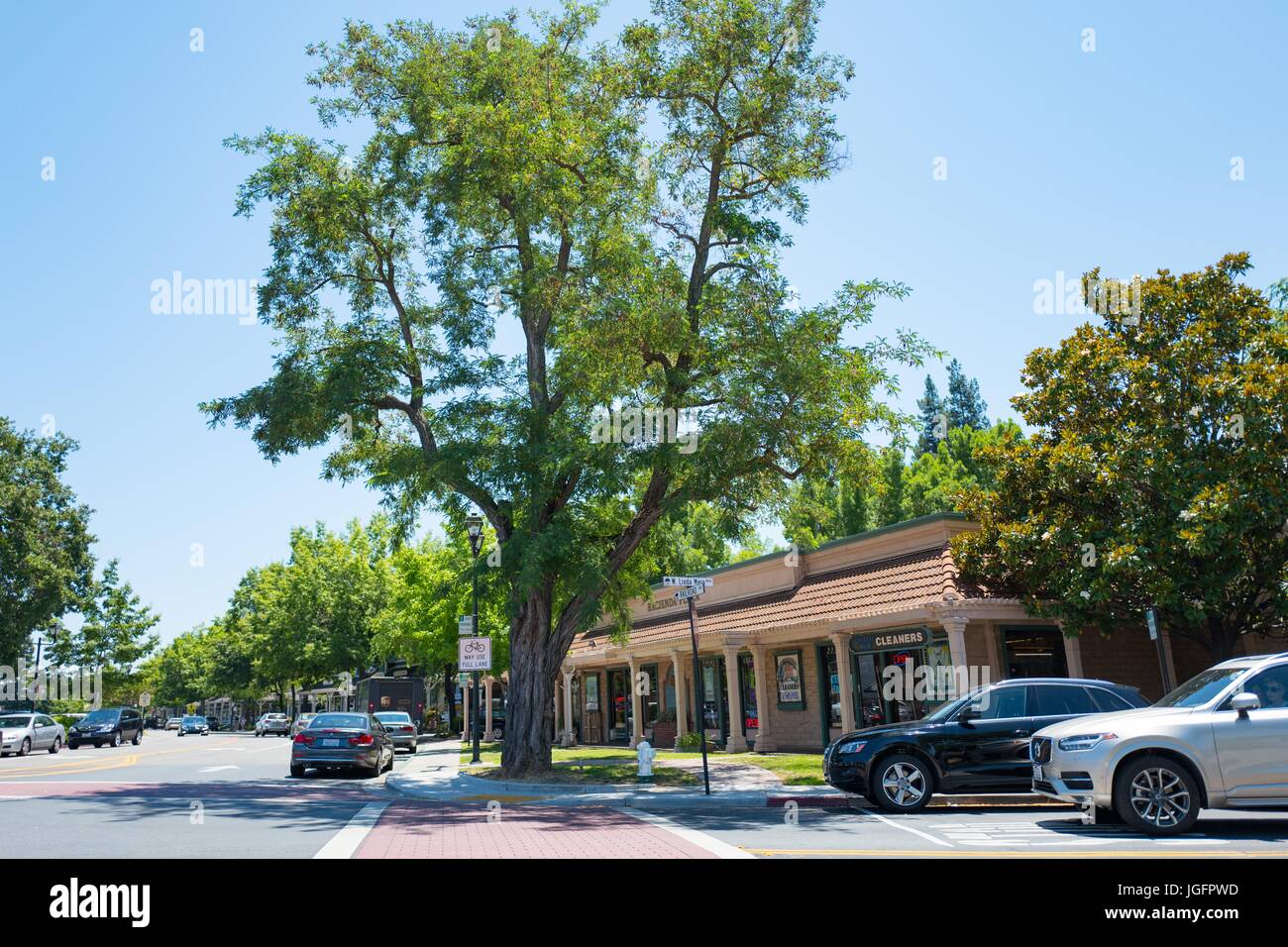 Cars pass through downtown Danville, California, an affluent suburb in the San Francisco Bay Area, June 21, 2017. Stock Photo