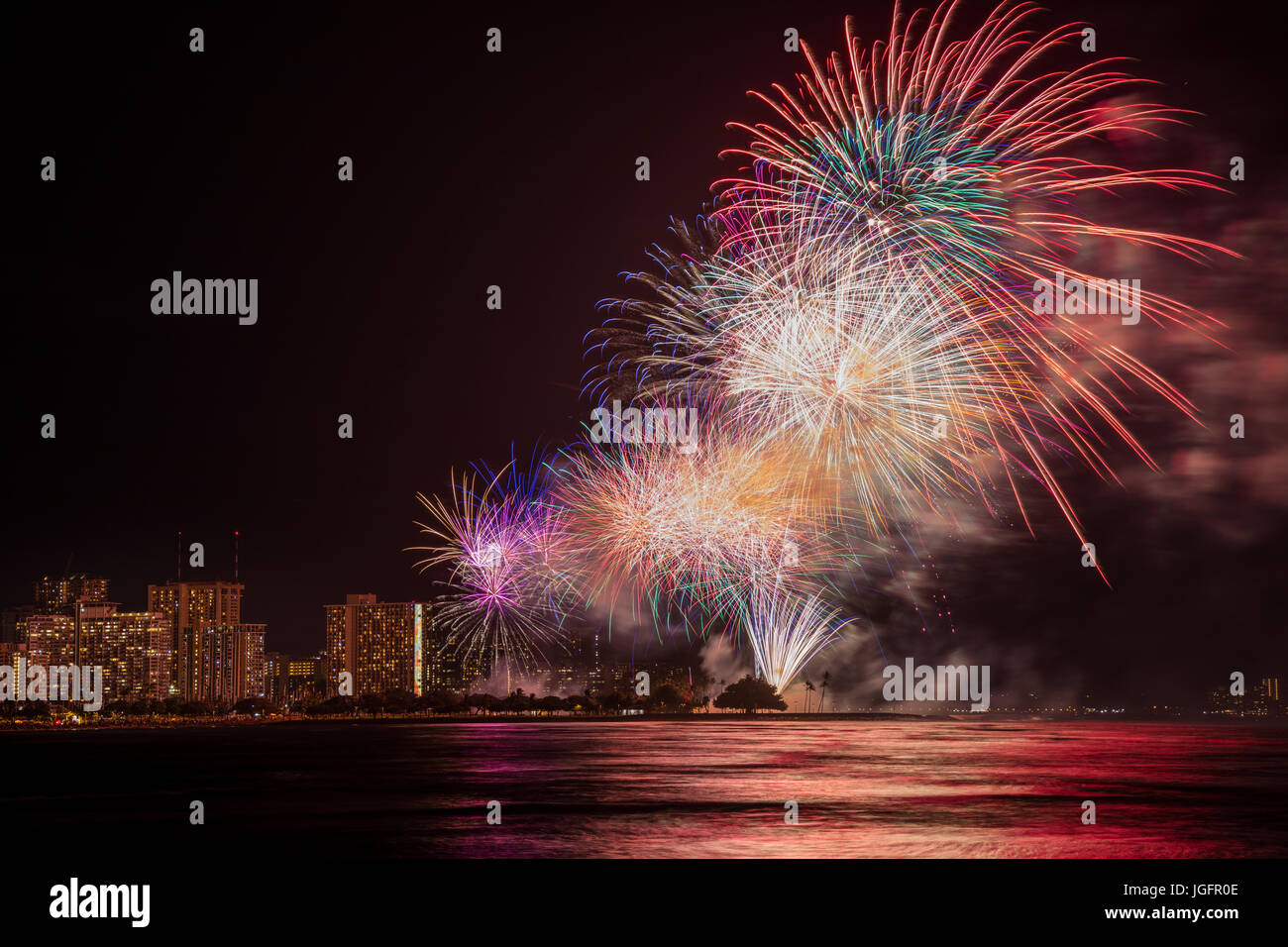 A view of the July Fourth fireworks at Ala Moana beach park from Point