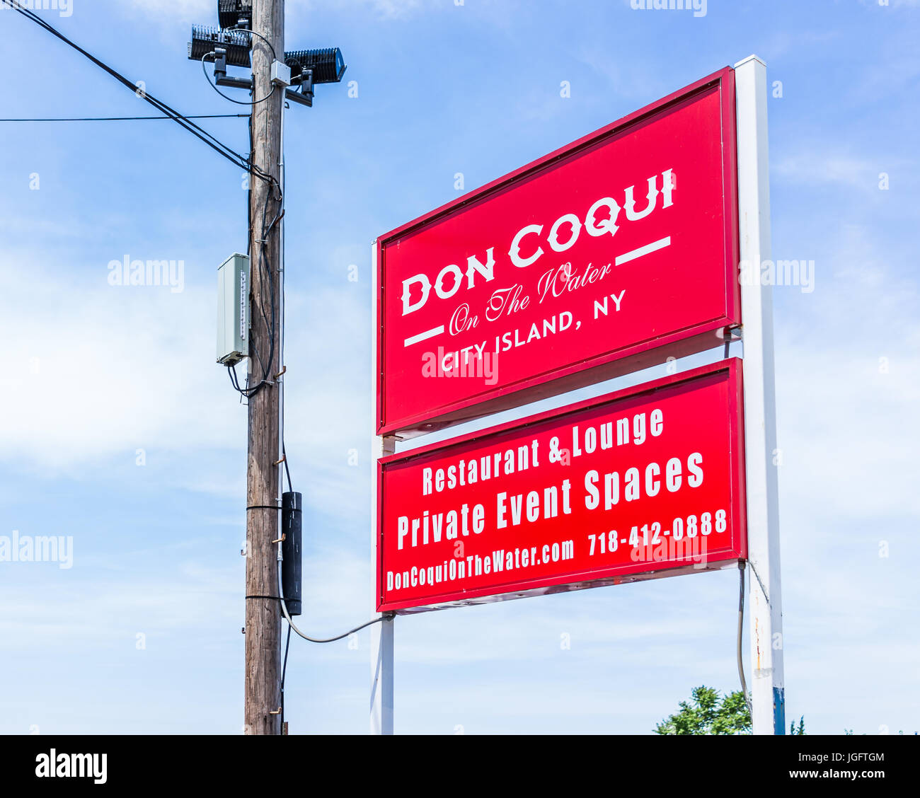 Bronx, USA - June 11, 2017: Restaurant sign in City Island called Don Coqui on the water waterfront Stock Photo