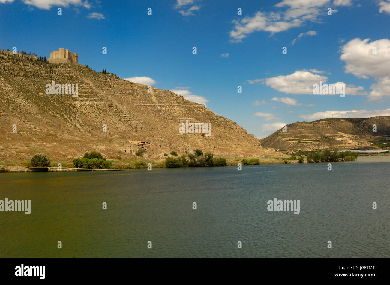 Castle and reservoir of Mequinenza and river Ebro, Zaragoza province, Aragon, Spain Stock Photo