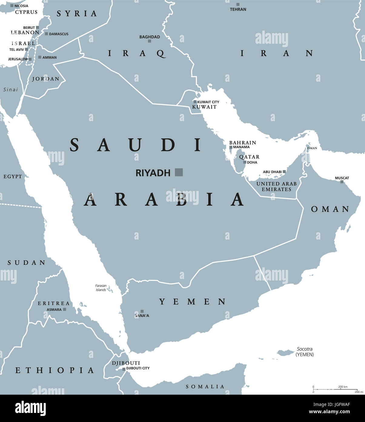 Saudi Arabia political map with capital Riyadh. Kingdom and Arab state in Western Asia and Middle East. Country on Arabian Peninsula. Illustration. Stock Photo