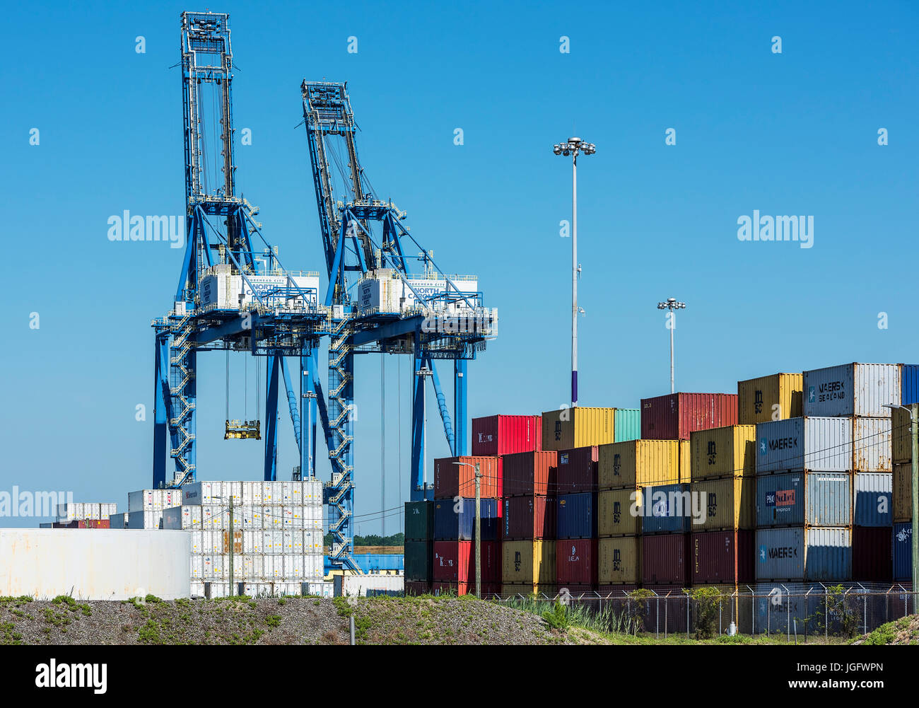 Cargo cranes and shipping containers, Wilmington, North Carolina, USA. Stock Photo