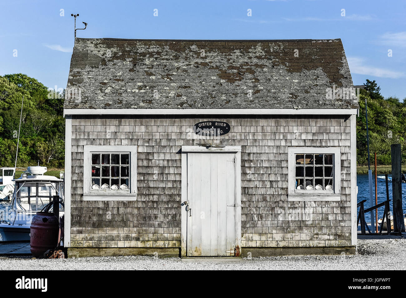 Weathered fishing shack, Oyster River, Chatham, Cape Cod, Massachusetts, USA. Stock Photo