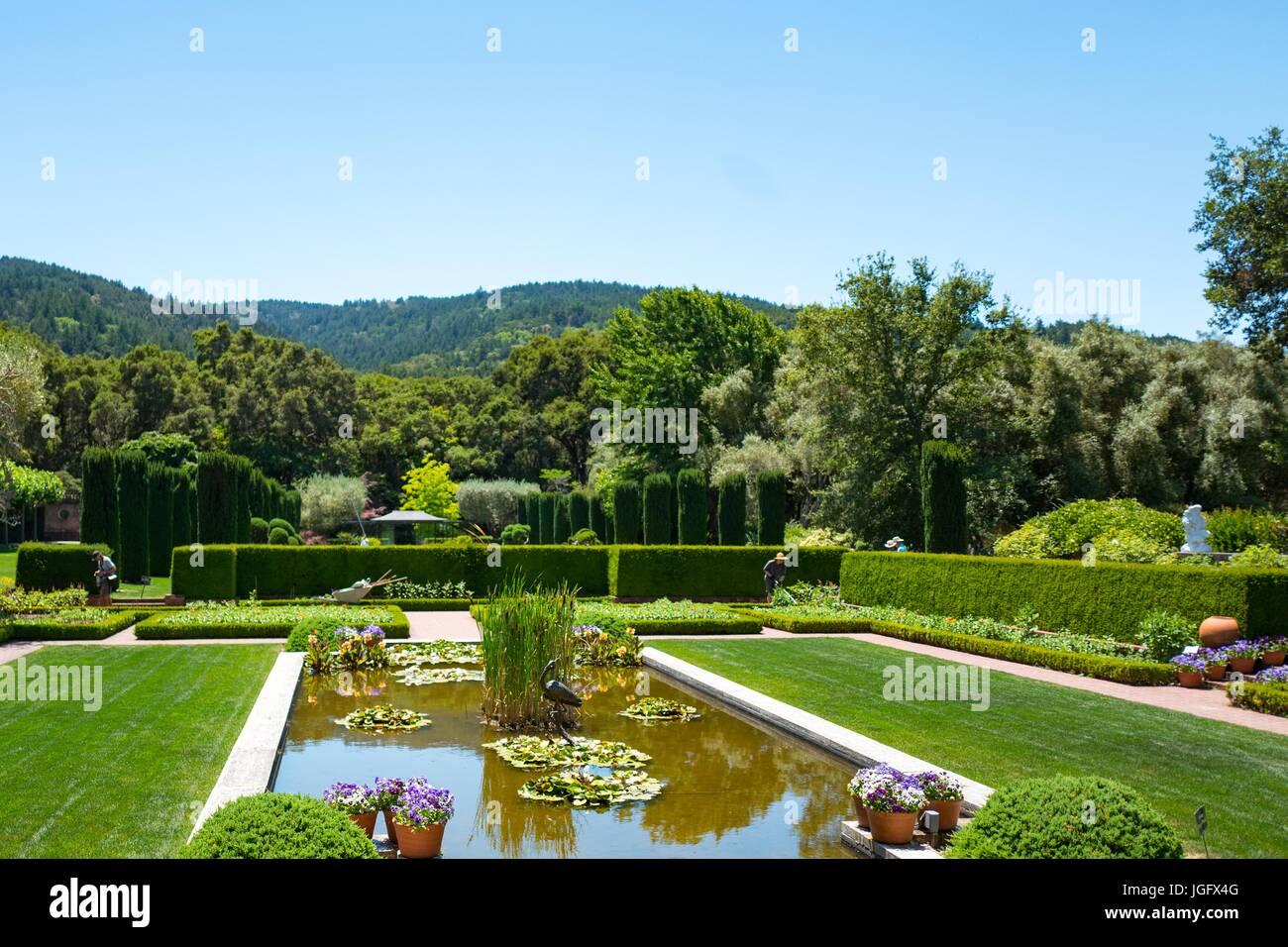 Sunken garden and lawn at Filoli, a preserved country house, formal garden and estate operated by the National Trust for Historic Preservation in Woodside, California, June 23, 2017. Stock Photo