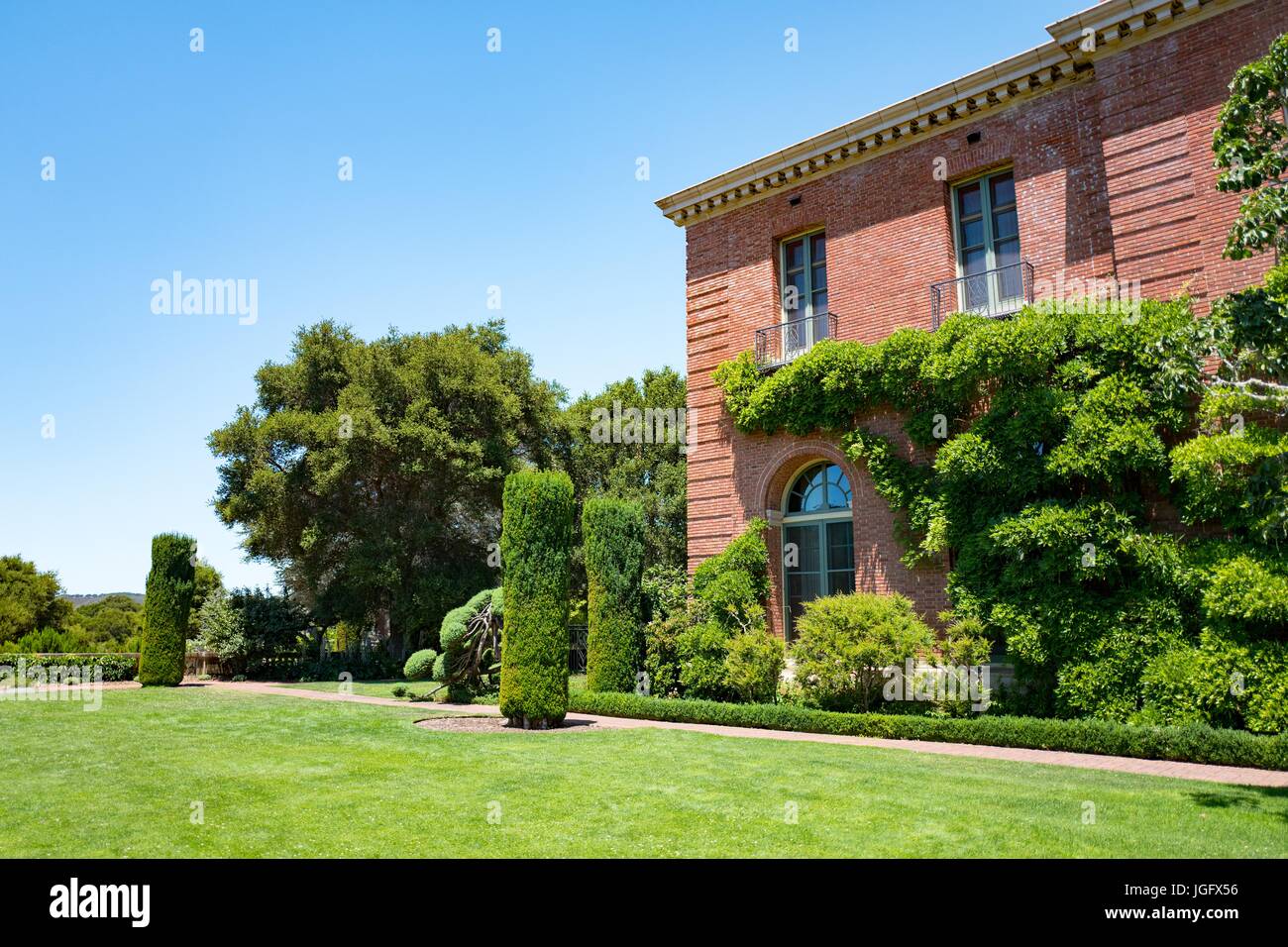 Main house, built in a California Eclectic architectural style, with terrace at Filoli, a preserved country house, formal garden and estate operated by the National Trust for Historic Preservation in Woodside, California, June 23, 2017. Stock Photo
