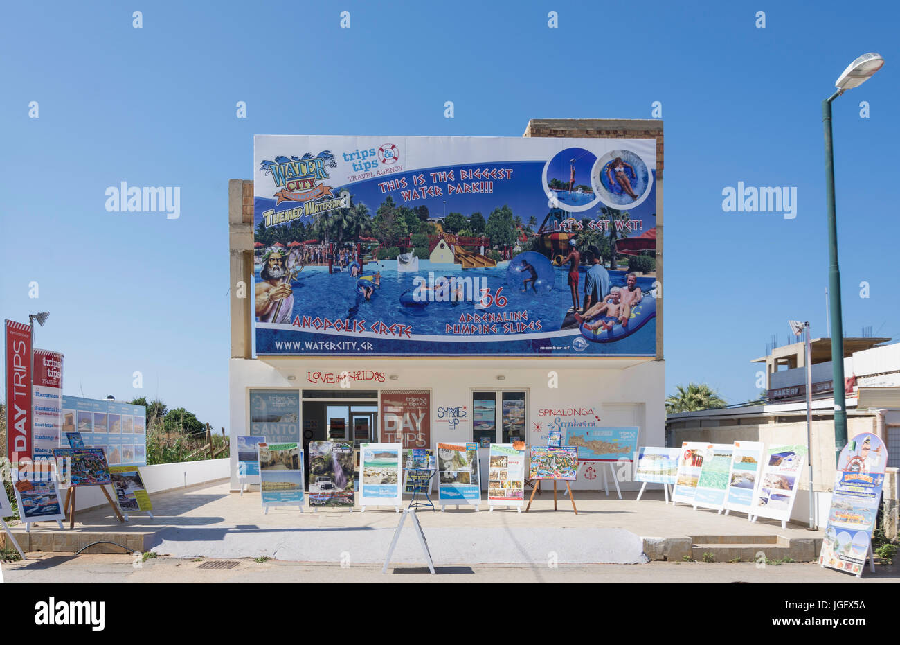 Trip tips Travel Agency, Beach Road, Malia, Heraklion Region, Crete (Kriti), Greece Stock Photo