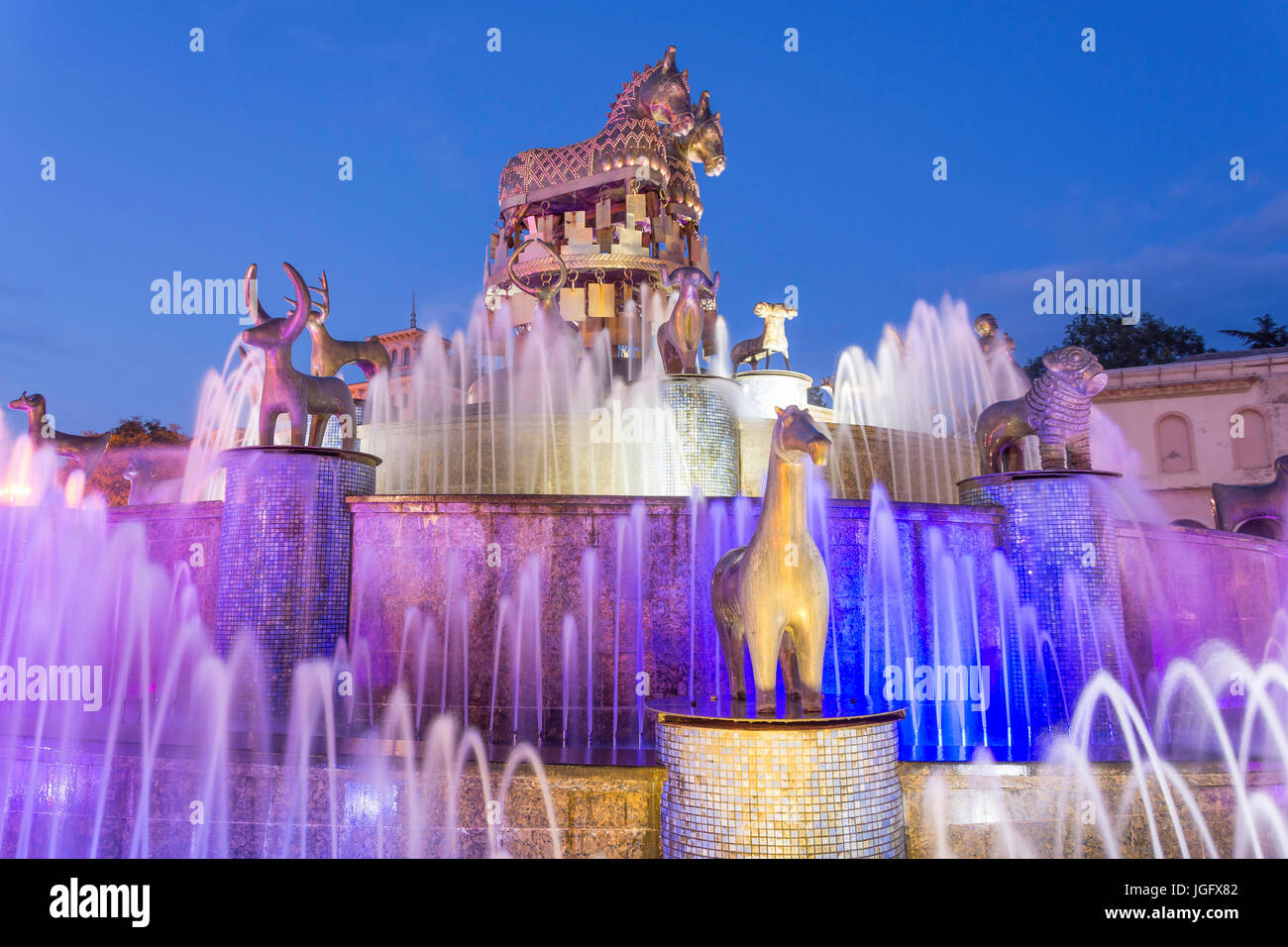 The Colchis Fountain in Central Square at dusk, Kutaisi, Imereti Province (Mkhare), Georgia Stock Photo
