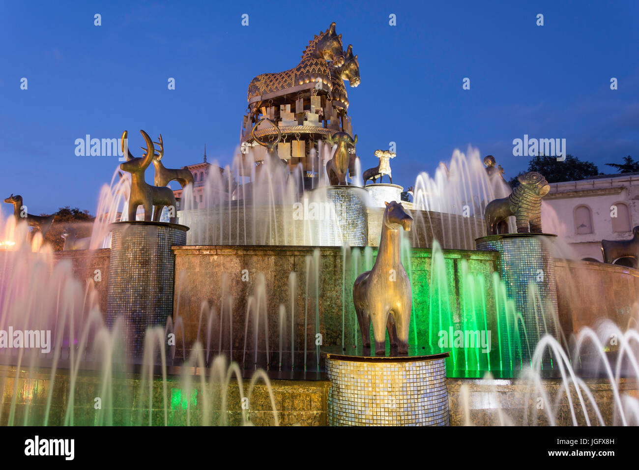 The Colchis Fountain in Central Square at dusk, Kutaisi, Imereti Province (Mkhare), Georgia Stock Photo