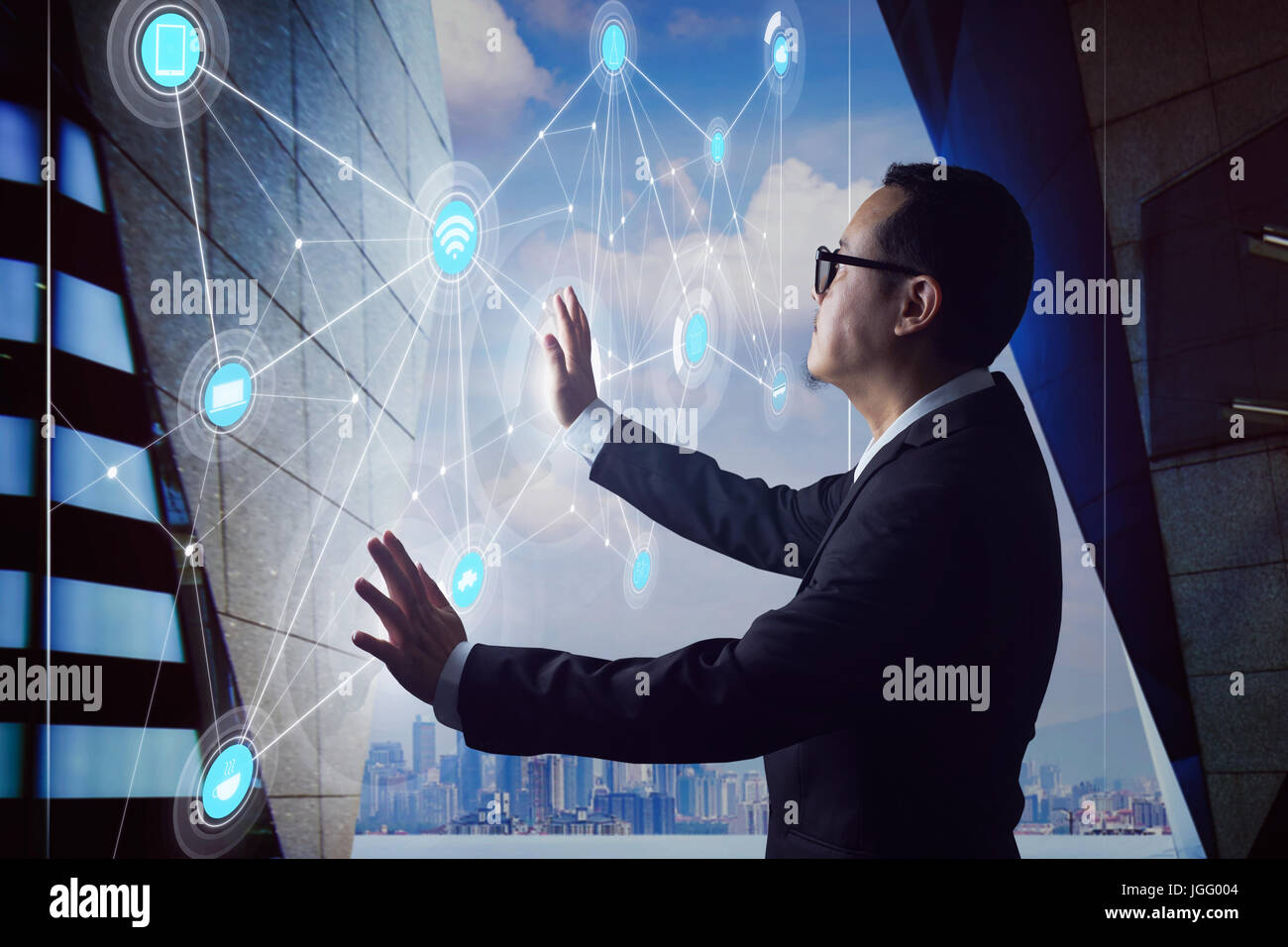 Smart businessman using the modern technologies interface . Business