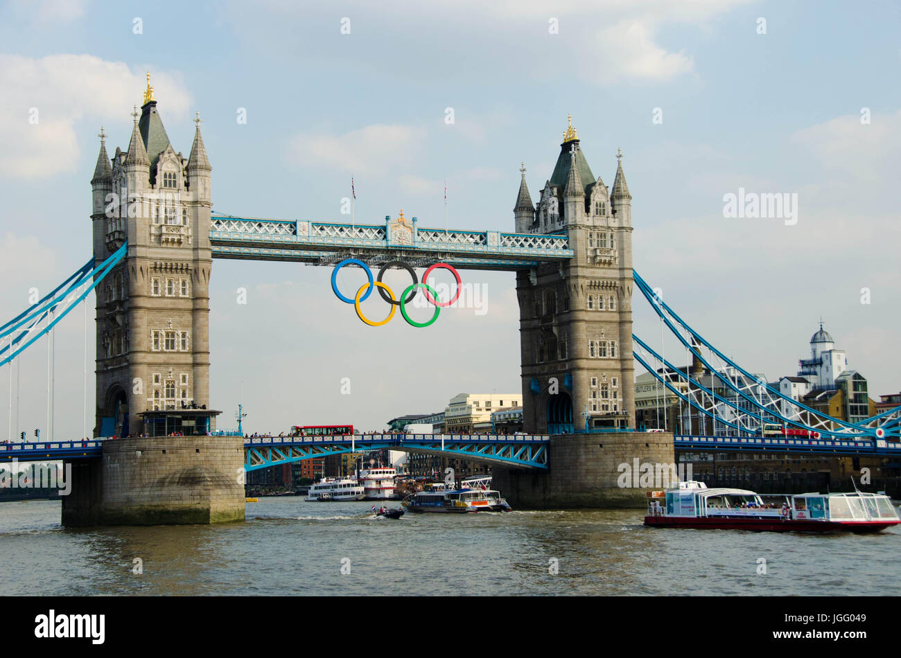 Olympic sign hanging on the London bridge Stock Photo