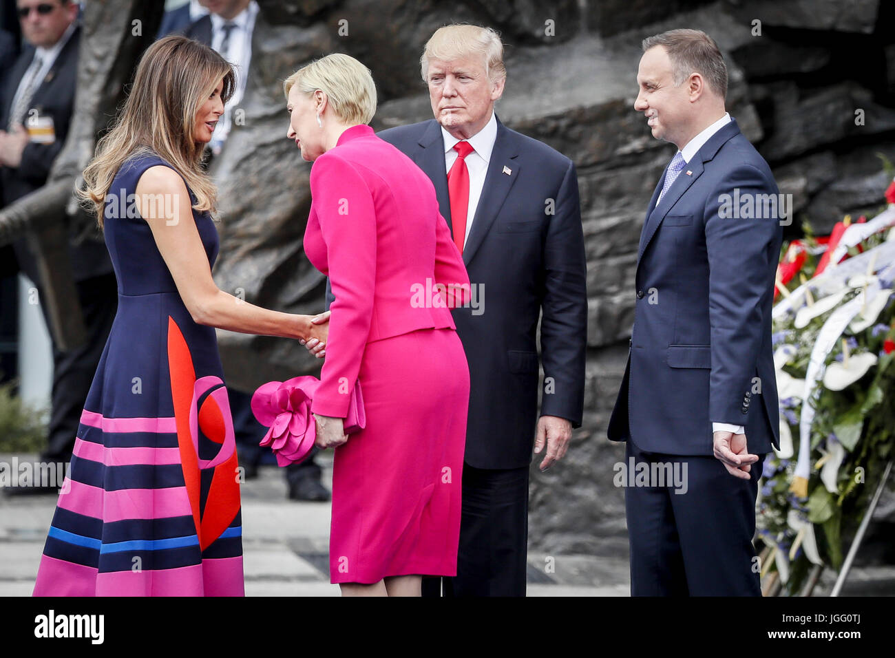Warsaw, Poland. 06th July, 2017. US president Donald Trump delivers his speech during his state visit on July 6, 2017 at the Krasinski Square in Warsaw, Poland. In the picture: Melania Trump, Agata Kornhauser-Duda, Andrzej Duda, Donald Trump Credit: East News sp. z o.o./Alamy Live News Stock Photo