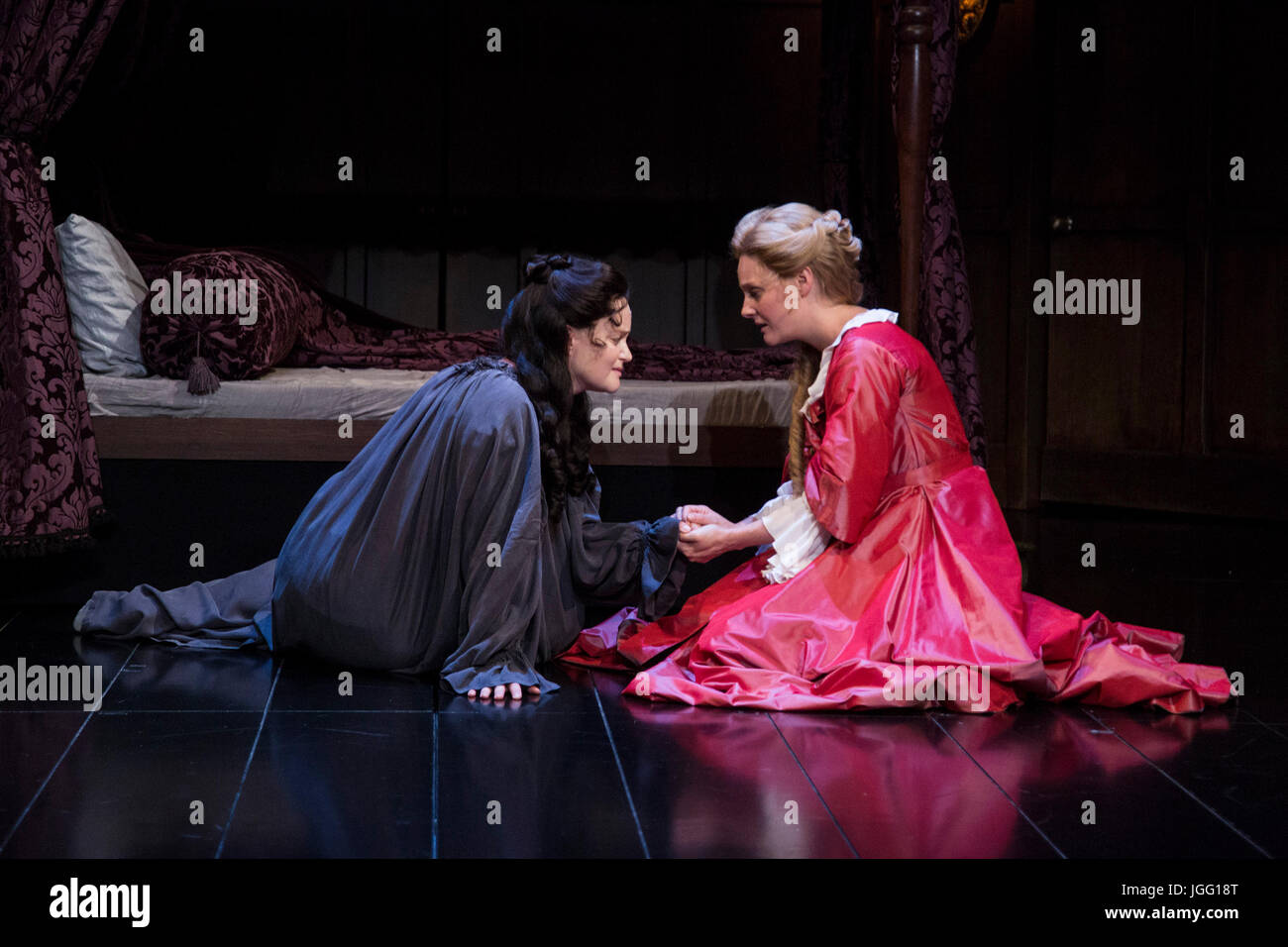 London, UK. 6th July, 2017. L-R: Emma Cunniffe and Romola Garai. After a sold out run at the Swan Theatre in Stratford-upon-Avon in 2015-16, the Royal Shakespeare Company production of Queen Anne transfers to the Theatre Royal Haymarket from 30 June for a thirteen week limited run until 30 September 2017. Queen Anne is a new play written by Helen Edmundson and directed by Natalie Abrahami. With Emma Cunniffe as Queen Anne/Princess Anne, Romola Garai as Sarah Churchill/Duchess of Marlborough. Credit: Bettina Strenske/Alamy Live News Stock Photo