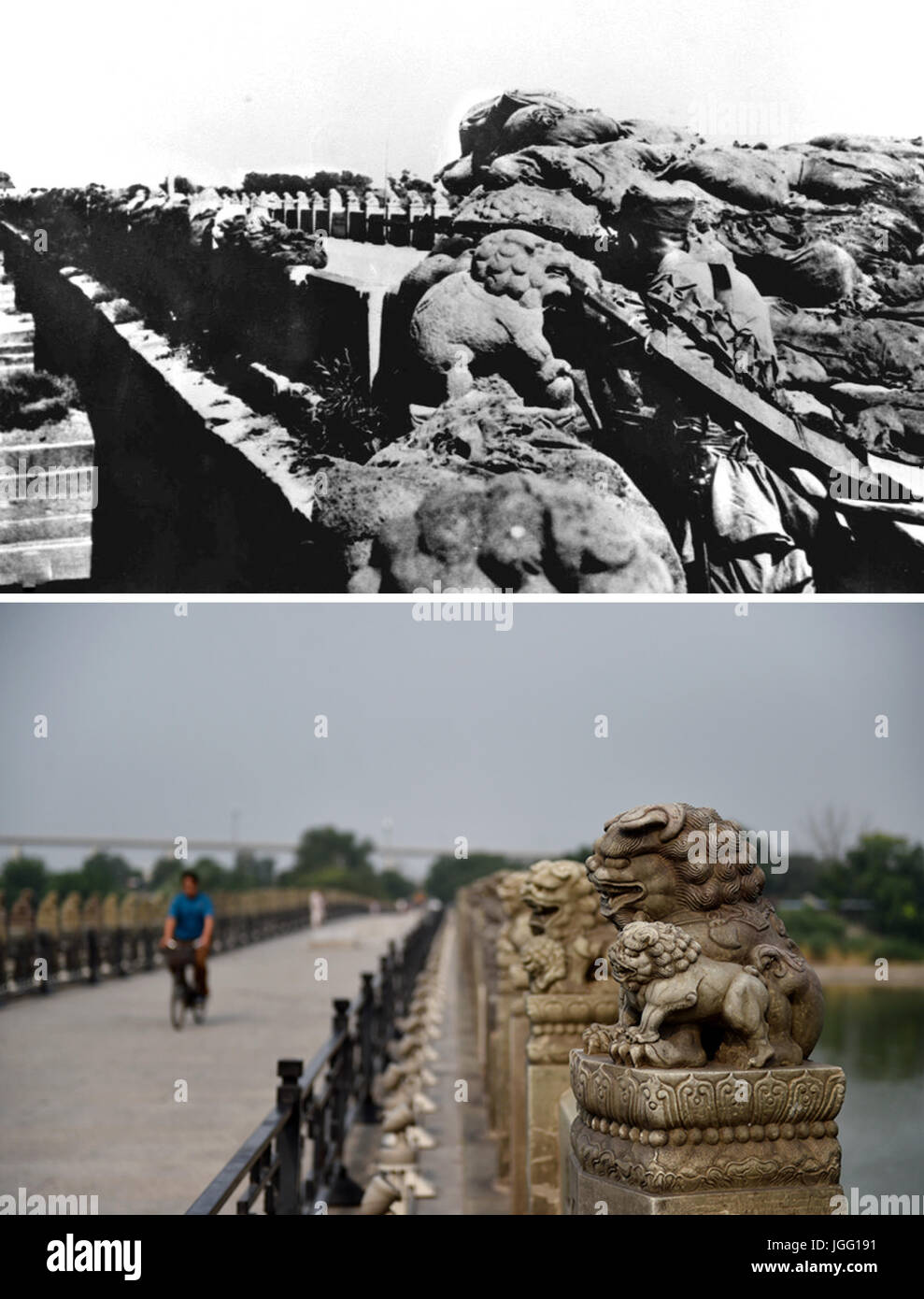 (170706) -- BEIJING, July 6, 2017 (Xinhua) -- The upper part of the combined photo shows soldiers of the No. 29 Nationalists Corps fighting hard to resist Japanese invaders at Lugou Bridge (file). The lower part taken by Zhang Chenlin shows tourists visiting Lugou Bridge in Beijing on July 3, 2017. China was the first nation to fight against fascist forces. The struggle started on September 18, 1931, when Japanese troops began their invasion of northeast China. It was intensified when Japan's full-scale invasion began after a crucial access point to Beijing, Lugou Bridge, also known as Marco P Stock Photo