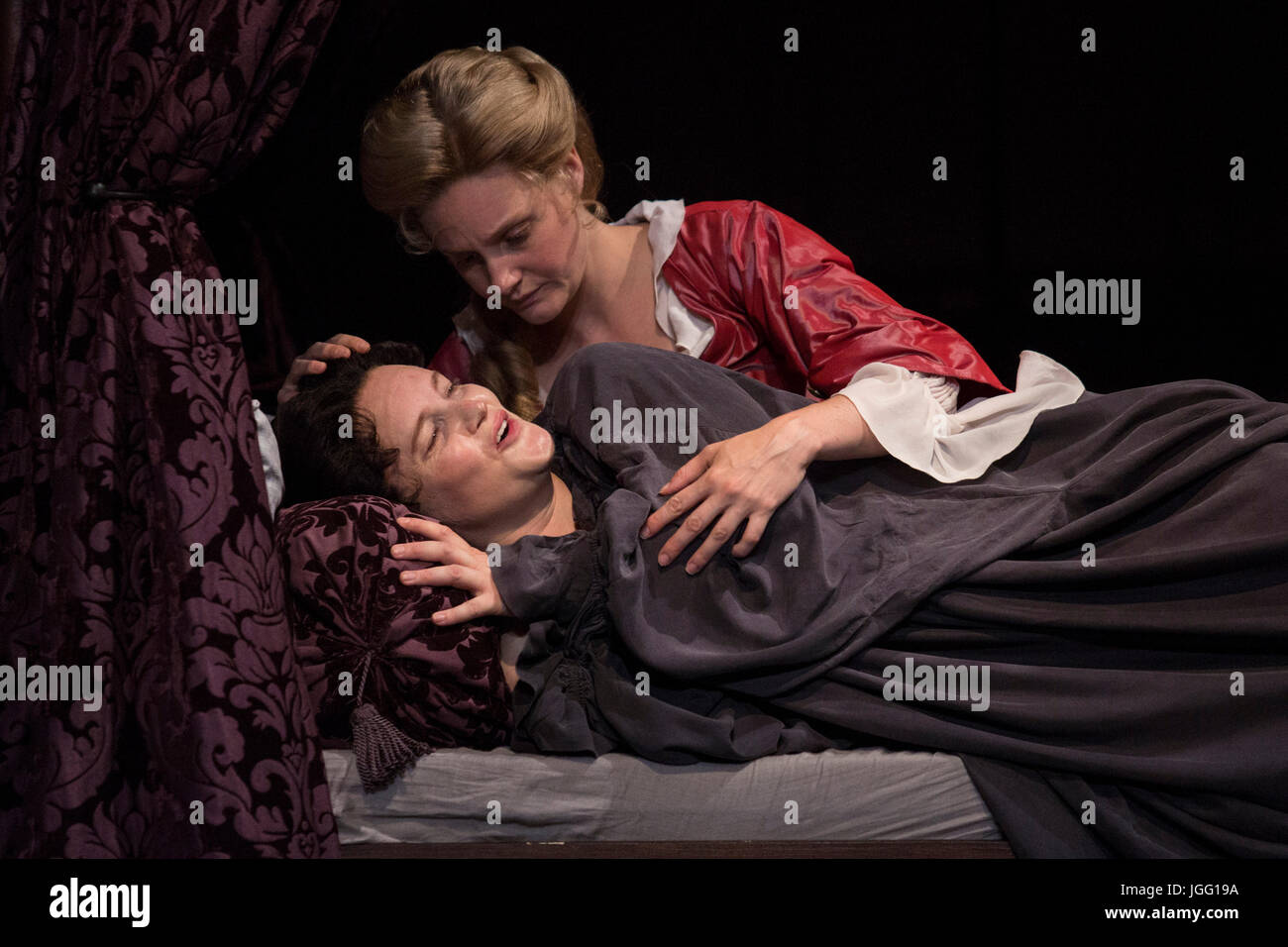 London, UK. 6th July, 2017. L-R: Emma Cunniffe and Romola Garai. After a sold out run at the Swan Theatre in Stratford-upon-Avon in 2015-16, the Royal Shakespeare Company production of Queen Anne transfers to the Theatre Royal Haymarket from 30 June for a thirteen week limited run until 30 September 2017. Queen Anne is a new play written by Helen Edmundson and directed by Natalie Abrahami. With Emma Cunniffe as Queen Anne/Princess Anne, Romola Garai as Sarah Churchill/Duchess of Marlborough. Credit: Bettina Strenske/Alamy Live News Stock Photo