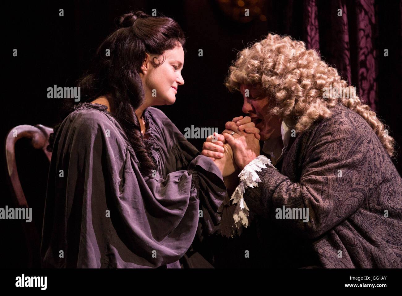 London, UK. 6th July, 2017. L-R: Emma Cunniffe (Queen Anne/Princess Anne) and Hywel Morgan (Prince George of Denmark). After a sold out run at the Swan Theatre in Stratford-upon-Avon in 2015-16, the Royal Shakespeare Company production of Queen Anne transfers to the Theatre Royal Haymarket from 30 June for a thirteen week limited run until 30 September 2017. Queen Anne is a new play written by Helen Edmundson and directed by Natalie Abrahami. With Emma Cunniffe as Queen Anne/Princess Anne, Romola Garai as Sarah Churchill/Duchess of Marlborough. Credit: Bettina Strenske/Alamy Live News Stock Photo