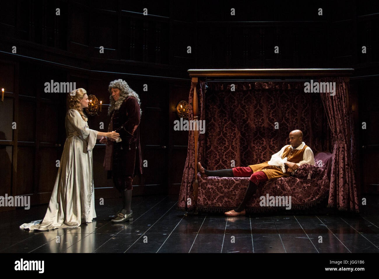 London, UK. 6 July 2017. L-R: Romola Garai (Sarah Churchill), Richard Hope (Sydney Godolphin), Chu Omambala (John Churchill). After a sold out run at the Swan Theatre in Stratford-upon-Avon in 2015-16, the Royal Shakespeare Company production of Queen Anne transfers to the Theatre Royal Haymarket from 30 June for a thirteen week limited run until 30 September 2017. Queen Anne is a new play written by Helen Edmundson and directed by Natalie Abrahami. With Emma Cunniffe as Queen Anne/Princess Anne, Romola Garai as Sarah Churchill/Duchess of Marlborough. Photo: Bettina Strenske/Alamy Live News Stock Photo