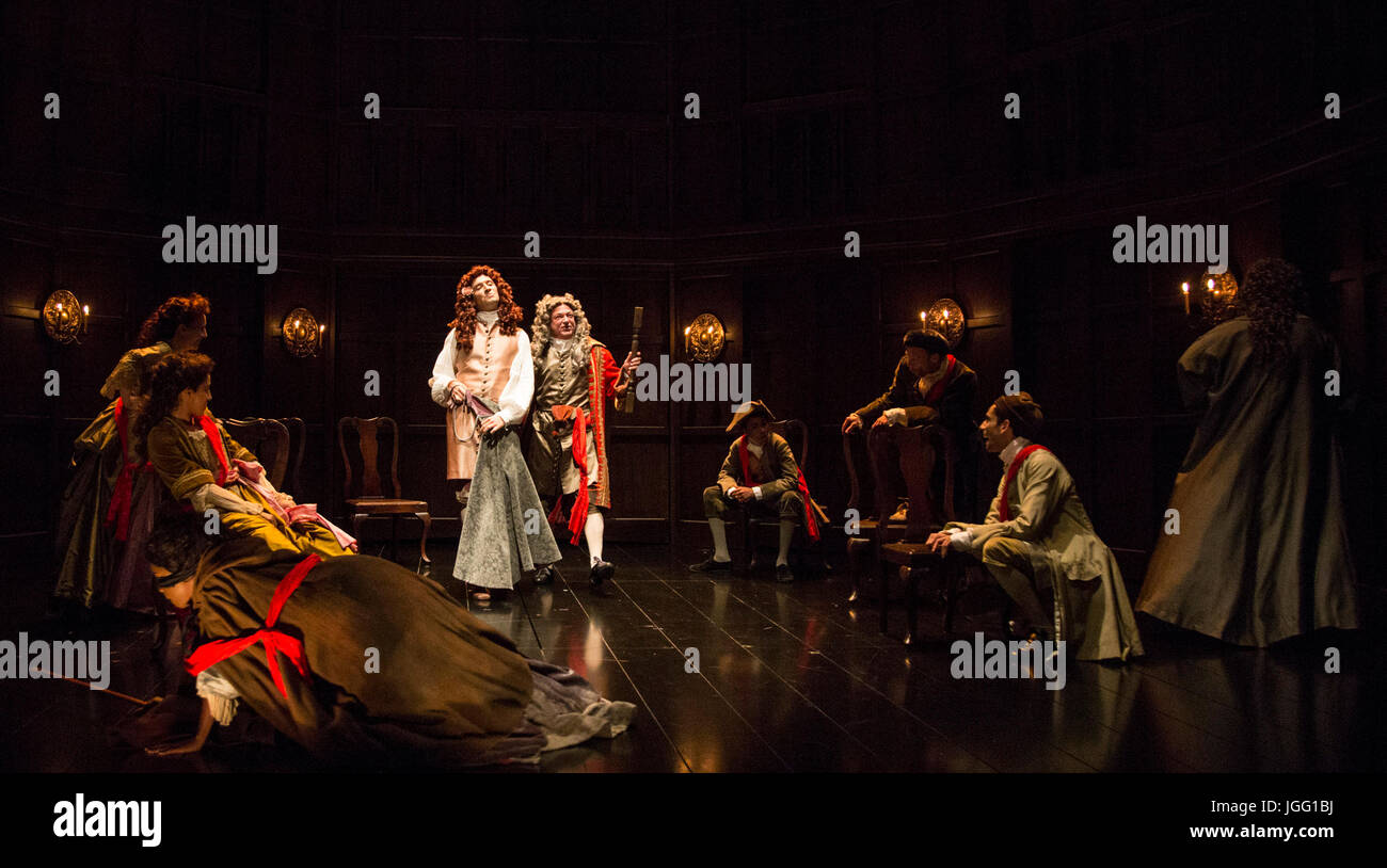 London, UK. 6th July, 2017. At the centre in the red coat Michael Fenton Stevens as Dr John Radcliffe. After a sold out run at the Swan Theatre in Stratford-upon-Avon in 2015-16, the Royal Shakespeare Company production of Queen Anne transfers to the Theatre Royal Haymarket from 30 June for a thirteen week limited run until 30 September 2017. Queen Anne is a new play written by Helen Edmundson and directed by Natalie Abrahami. With Emma Cunniffe as Queen Anne/Princess Anne, Romola Garai as Sarah Churchill/Duchess of Marlborough. Credit: Bettina Strenske/Alamy Live News Stock Photo