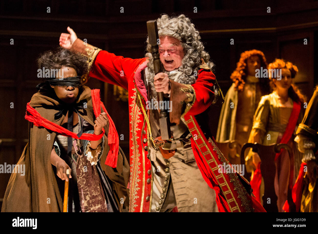 London, UK. 6th July, 2017. At the centre in the red coat Michael Fenton Stevens as Dr John Radcliffe. After a sold out run at the Swan Theatre in Stratford-upon-Avon in 2015-16, the Royal Shakespeare Company production of Queen Anne transfers to the Theatre Royal Haymarket from 30 June for a thirteen week limited run until 30 September 2017. Queen Anne is a new play written by Helen Edmundson and directed by Natalie Abrahami. With Emma Cunniffe as Queen Anne/Princess Anne, Romola Garai as Sarah Churchill/Duchess of Marlborough. Credit: Bettina Strenske/Alamy Live News Stock Photo