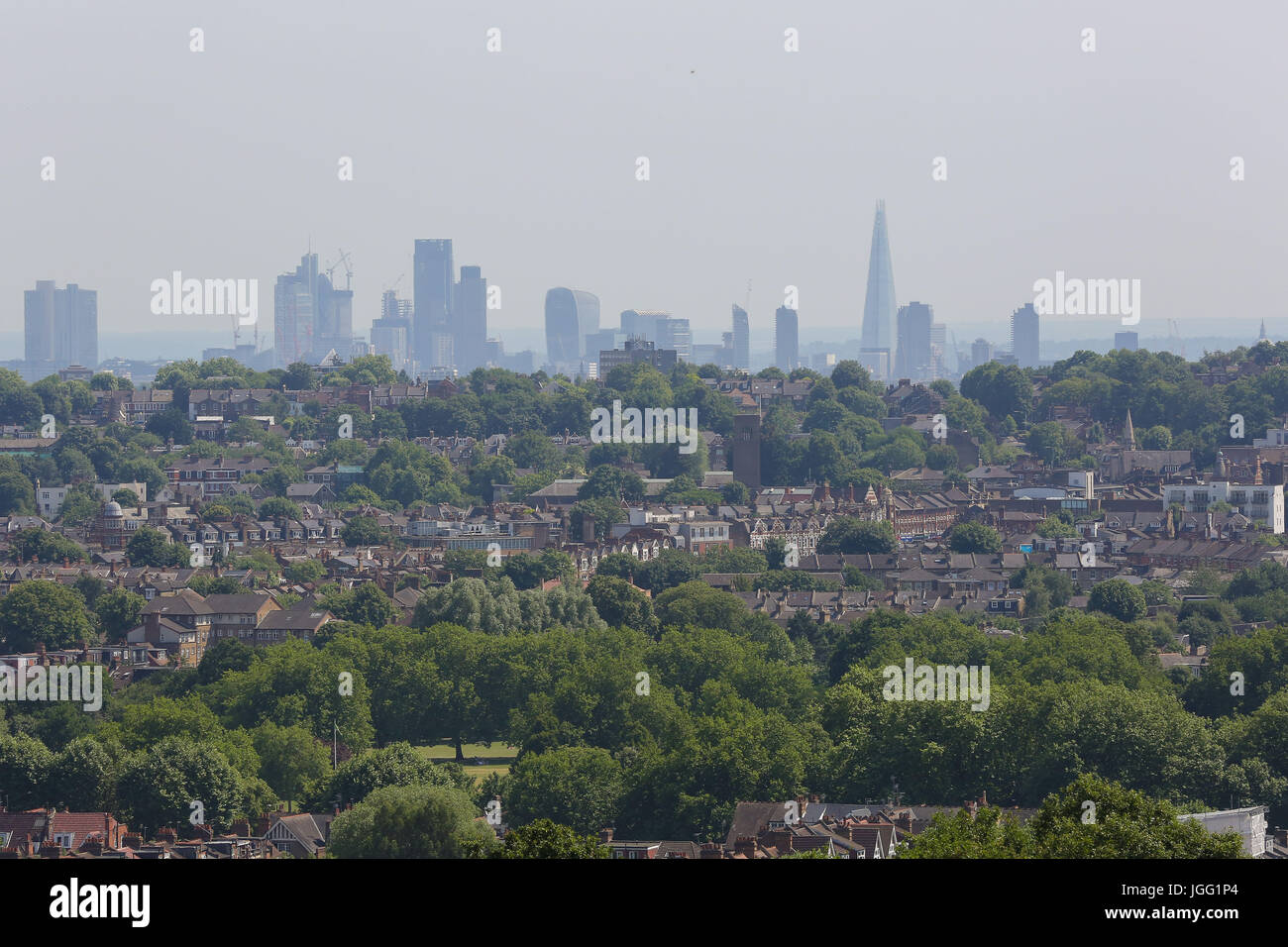 Alexandra Palace. London, UK. 6th July, 2017. Skyline view of the city of London on a hot and humid afternoon in the capital as the temperature reaches 28 degrees celsius Credit: Dinendra Haria/Alamy Live News Stock Photo