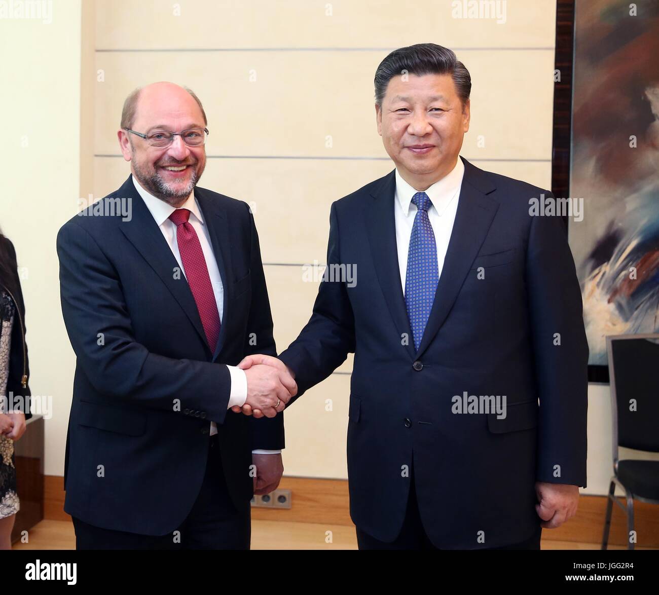 Berlin, Germany. 6th July, 2017. Chinese President Xi Jinping (R) meets with Martin Schulz, chairman of the Social Democratic Party (SPD) of Germany, in Berlin, Germany, July 6, 2017. Credit: Yao Dawei/Xinhua/Alamy Live News Stock Photo