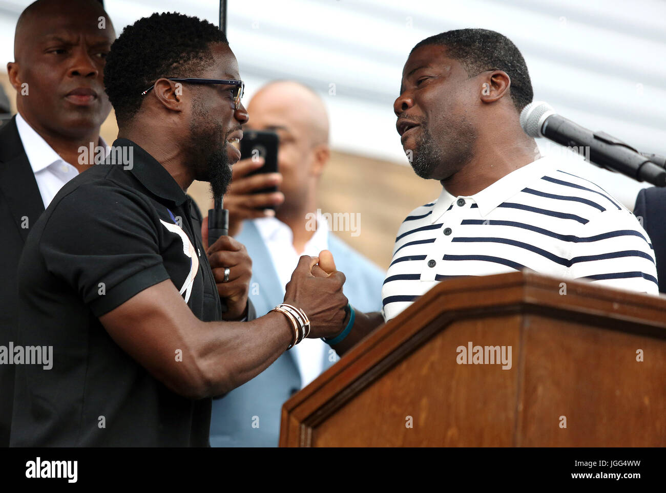 Philadelphia, PA, USA. 6th July, 2017. Kevin Hart pictured with his older brother, Robert Hart at Kevin Hart Day and birthday celebration and mural dedication in front of Max's Steaks in Philadelphia, Pa on July 6, 2017 Credit: Star Shooter/Media Punch/Alamy Live News Stock Photo