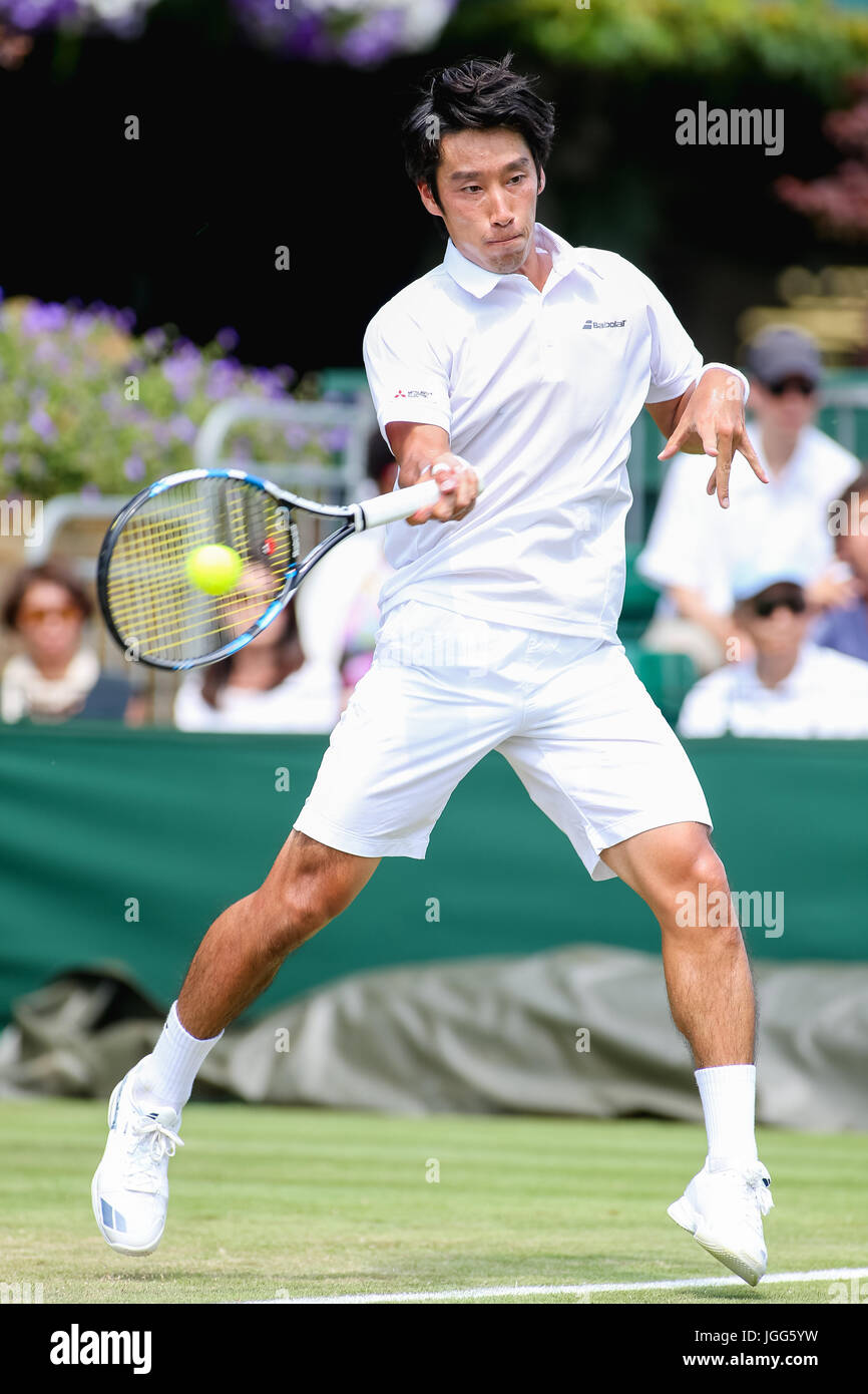 London, UK. 6th July, 2017. Yuichi Sugita (JPN) Tennis : Yuichi Sugita of  Japan during the Men's singles second round match of the Wimbledon Lawn  Tennis Championships against Adrian Mannarino of France