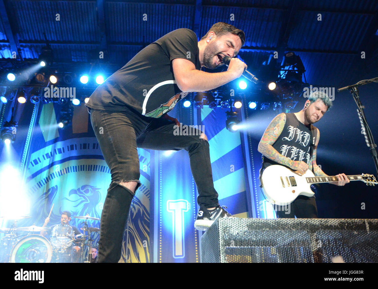 Milwaukee, Wisconsin, USA. 6th July, 2017. Lead singer Jeremy McKinnon of the band A Day To Remember performs live at Henry Maier Festival Park during Summerfest in Milwaukee, Wisconsin. Ricky Bassman/Cal Sport Media/Alamy Live News Stock Photo