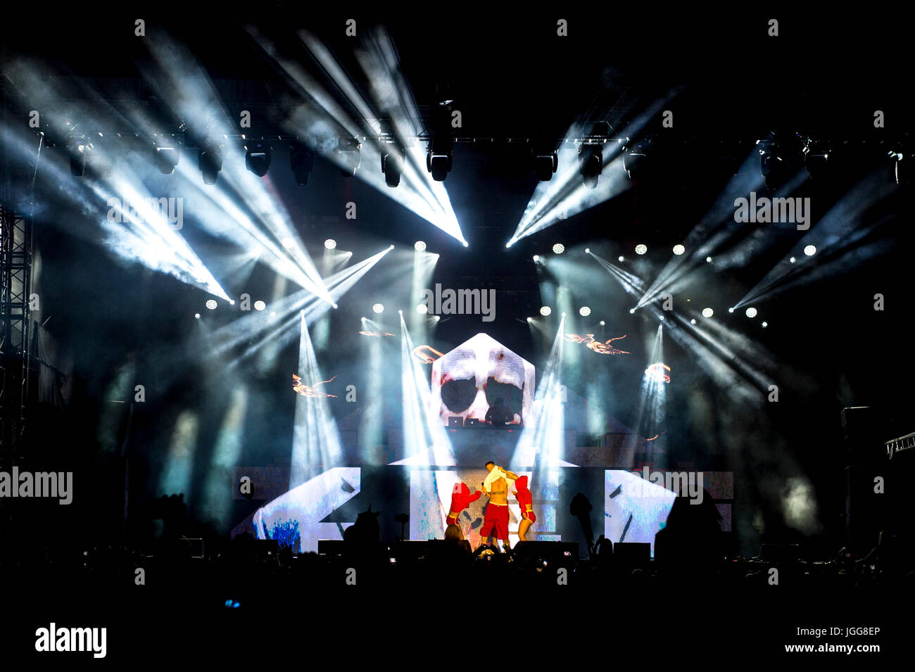 South African music band Die Antwoord performs during the music festival Rock for People in Hradec Kralove, Czech Republic, on July 4, 2017. (CTK Photo/David Tanecek) Stock Photo